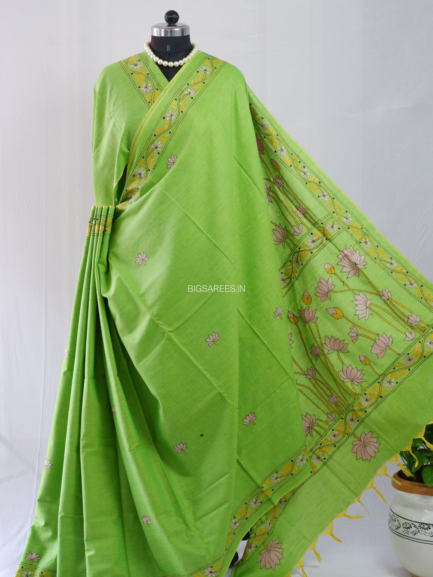 Kantha Stitch Hand-Embroidered Saree | Khadi Cotton | Green