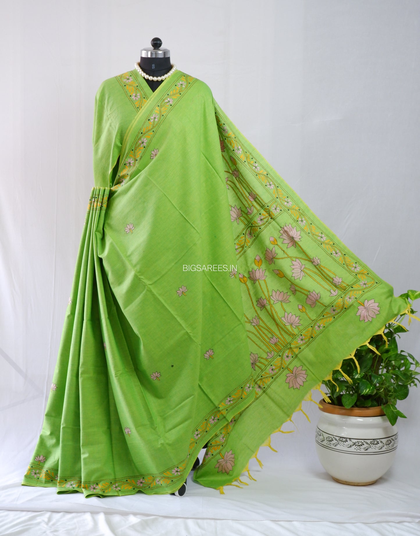 Kantha Stitch Hand-Embroidered Saree | Khadi Cotton | Green