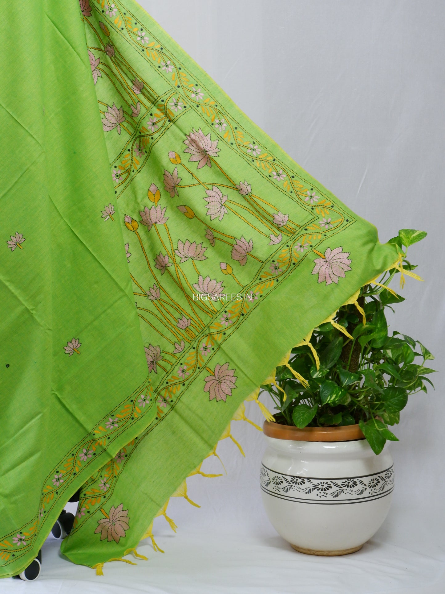 Kantha Stitch Hand-Embroidered Saree | Khadi Cotton | Green
