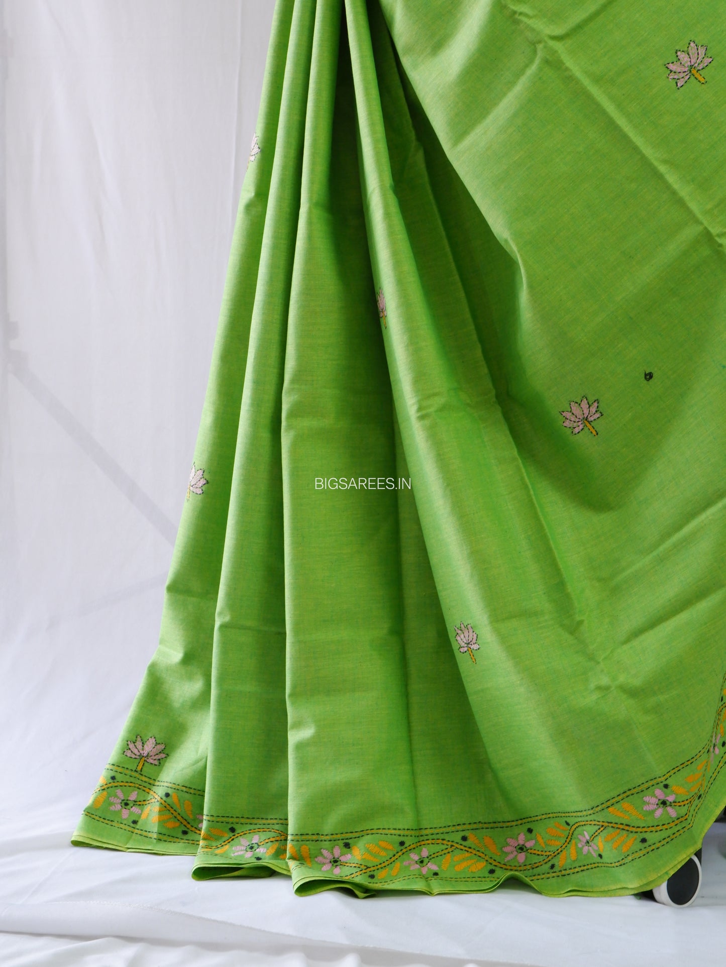 Kantha Stitch Hand-Embroidered Saree | Khadi Cotton | Green