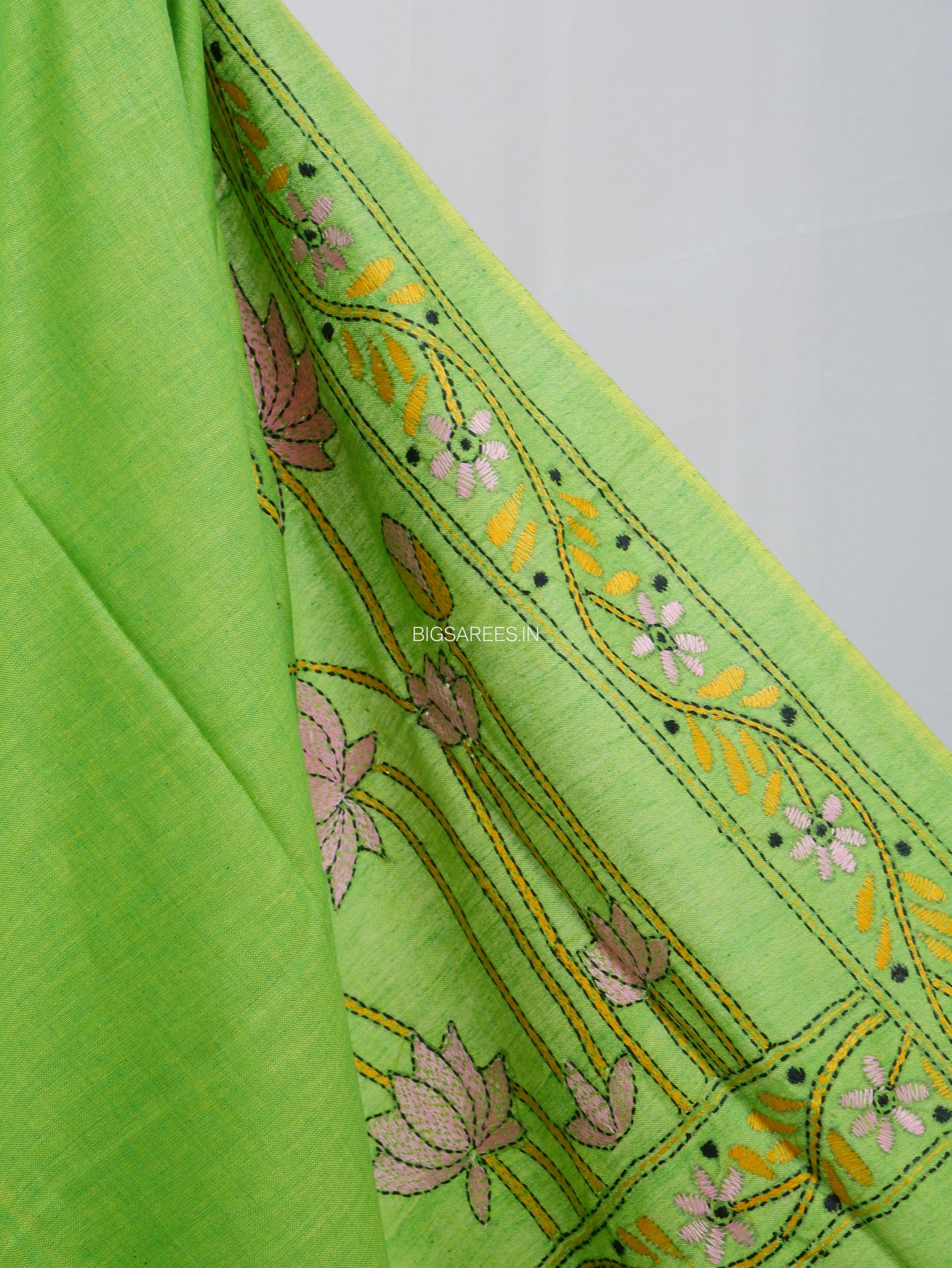 Kantha Stitch Hand-Embroidered Saree | Khadi Cotton | Green