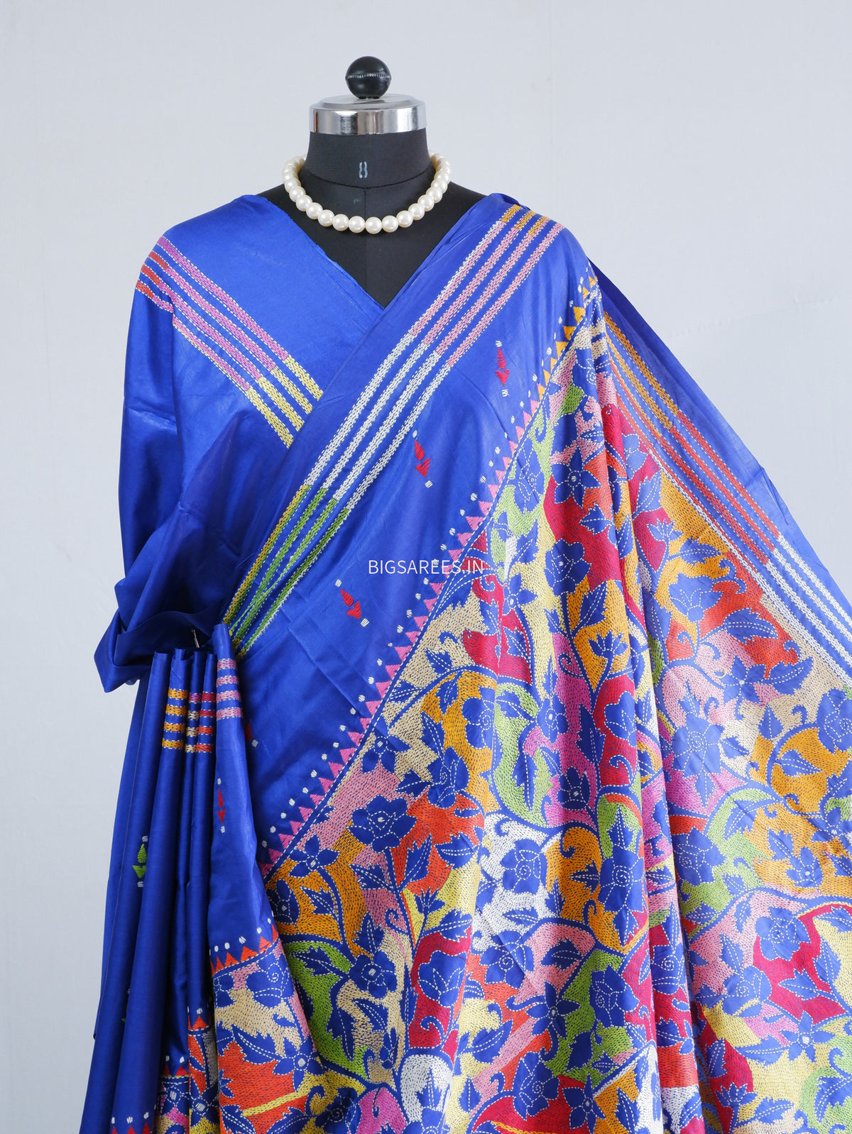 Reverse Kantha - Stitch Hand Embroidered Saree | Blended Bangalore Silk / Art Silk | Royal Blue