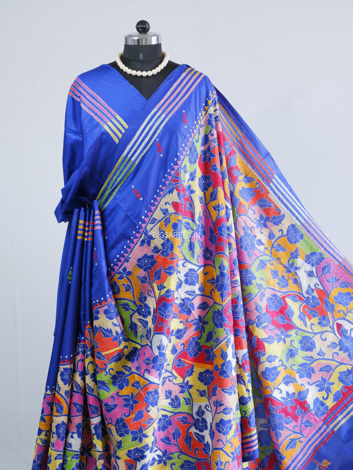 Reverse Kantha - Stitch Hand Embroidered Saree | Blended Bangalore Silk / Art Silk | Royal Blue