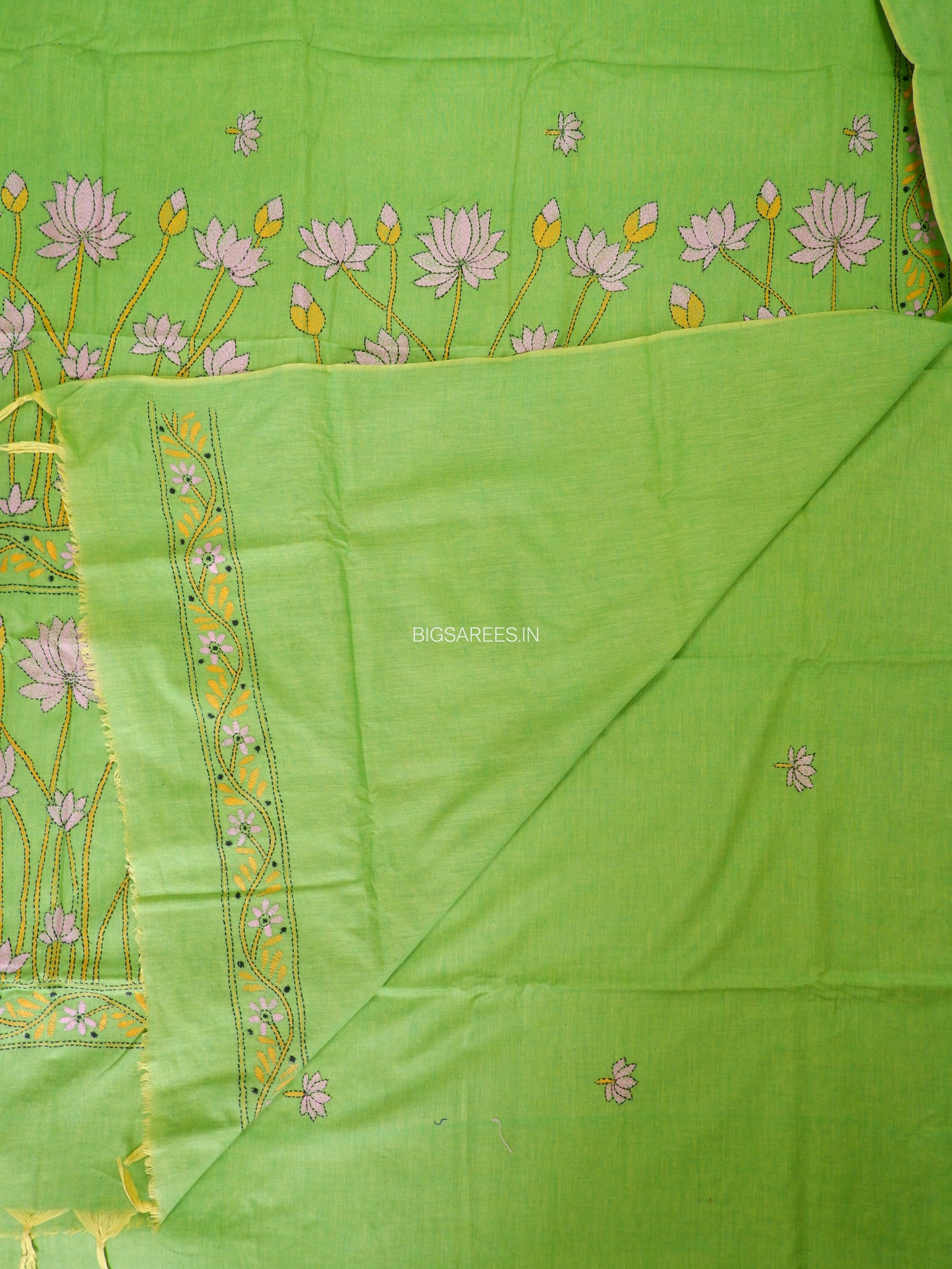 Kantha Stitch Hand-Embroidered Saree | Khadi Cotton | Green