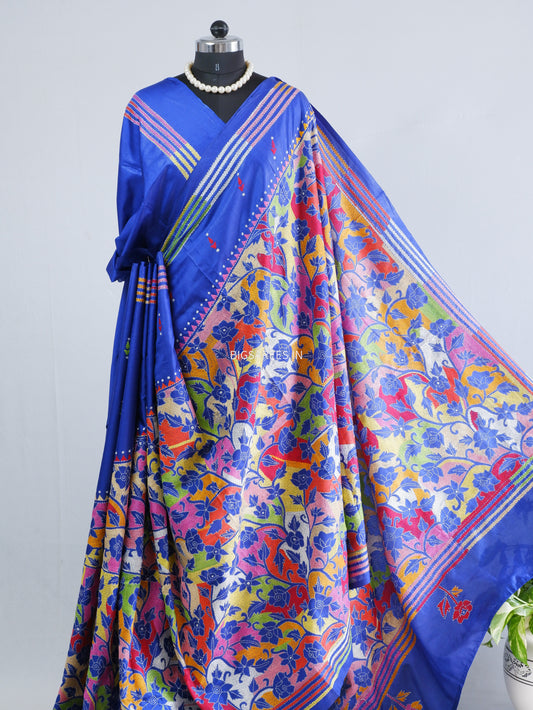 Reverse Kantha - Stitch Hand Embroidered Saree | Blended Bangalore Silk / Art Silk | Royal Blue