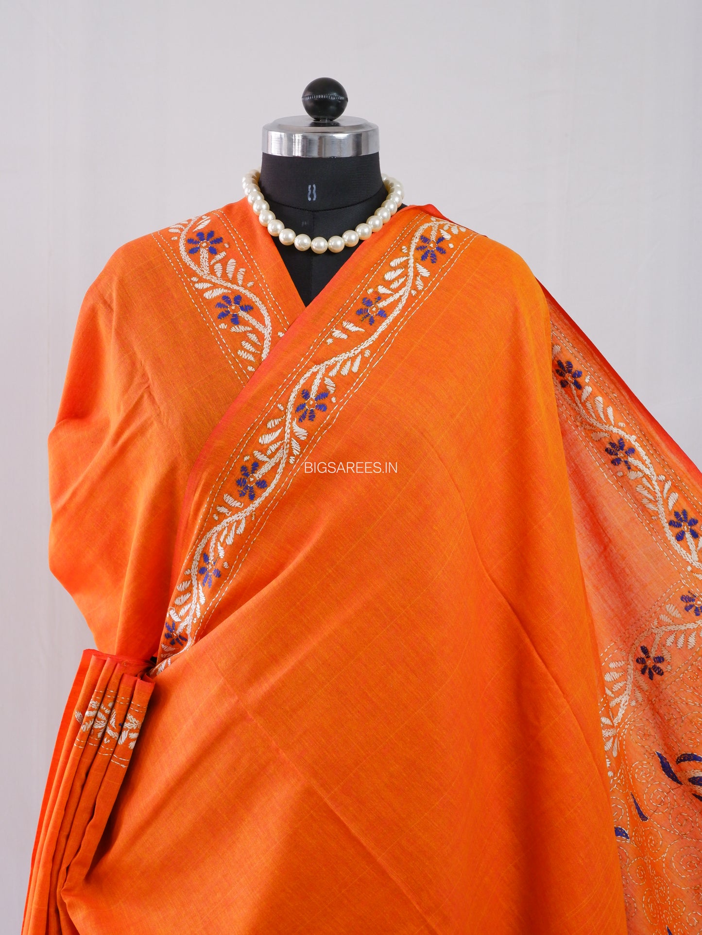 Kantha Hand-Embroidered Saree | Pure Khadi Cotton | Orange
