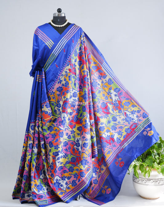 Reverse Kantha - Stitch Hand Embroidered Saree | Blended Bangalore Silk / Art Silk | Royal Blue