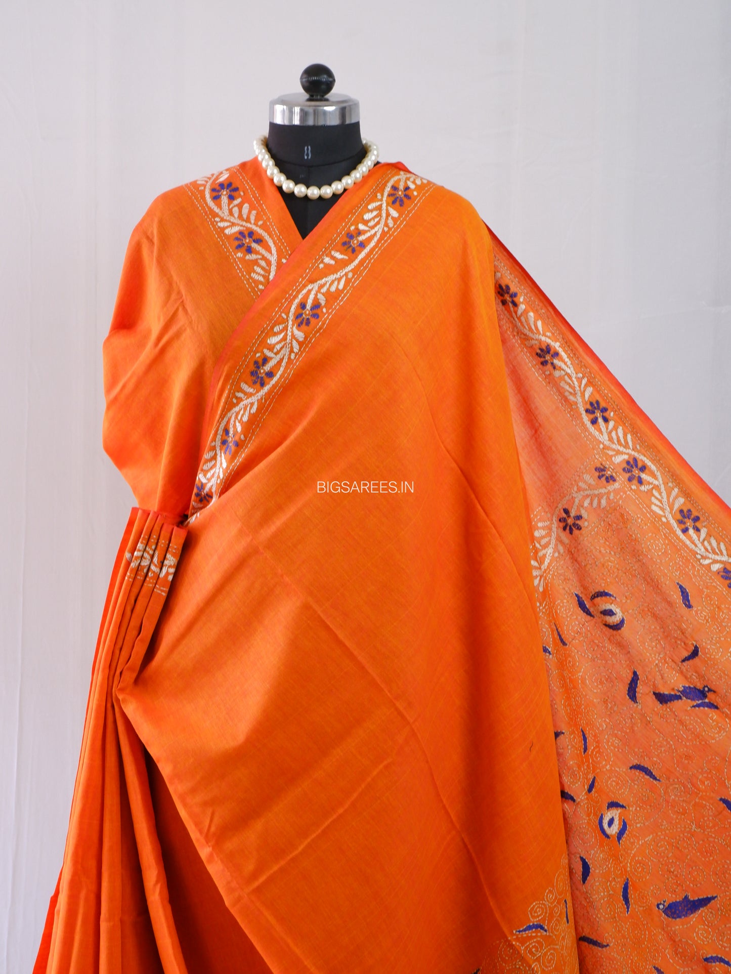 Kantha Hand-Embroidered Saree | Pure Khadi Cotton | Orange