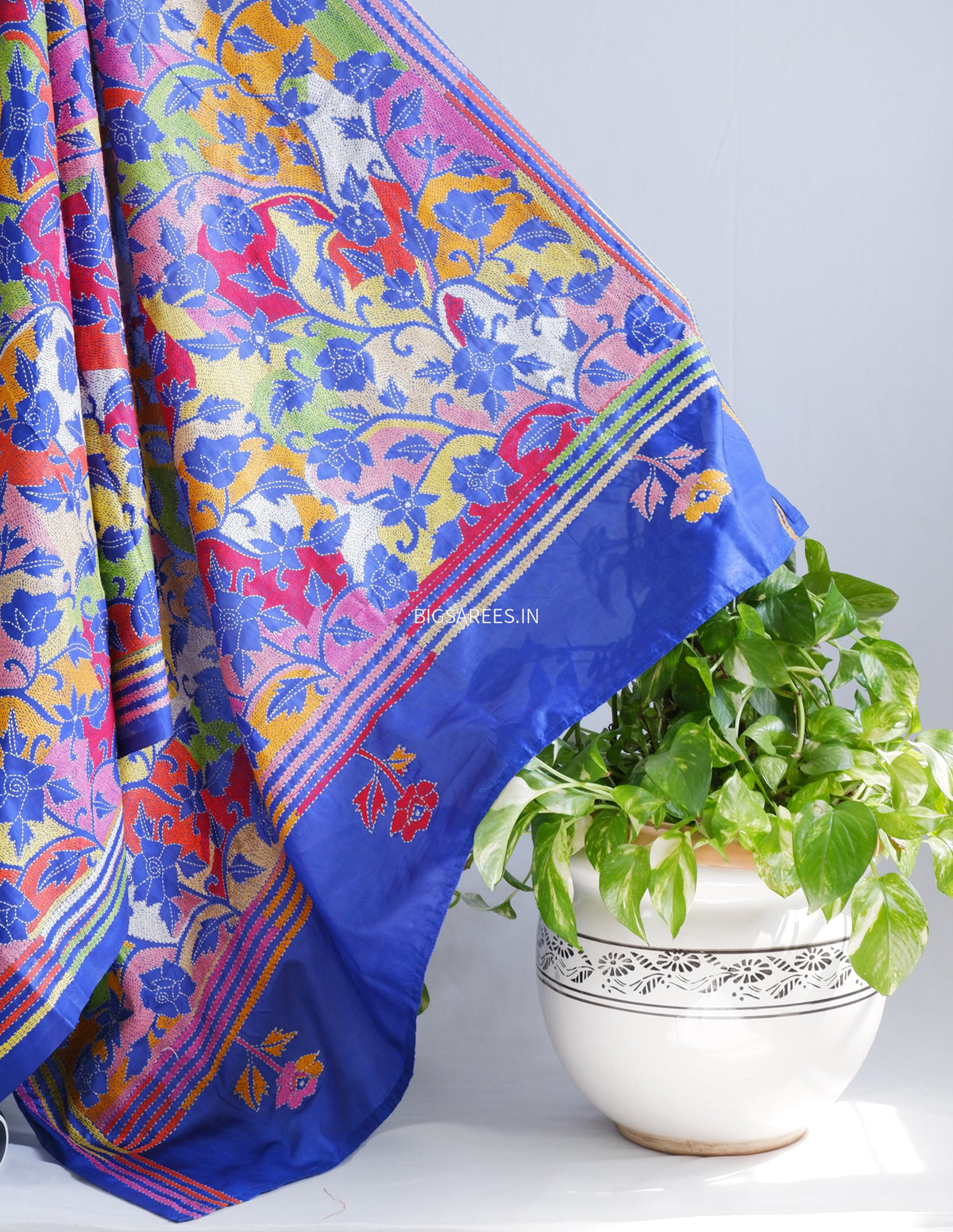 Reverse Kantha - Stitch Hand Embroidered Saree | Blended Bangalore Silk / Art Silk | Royal Blue