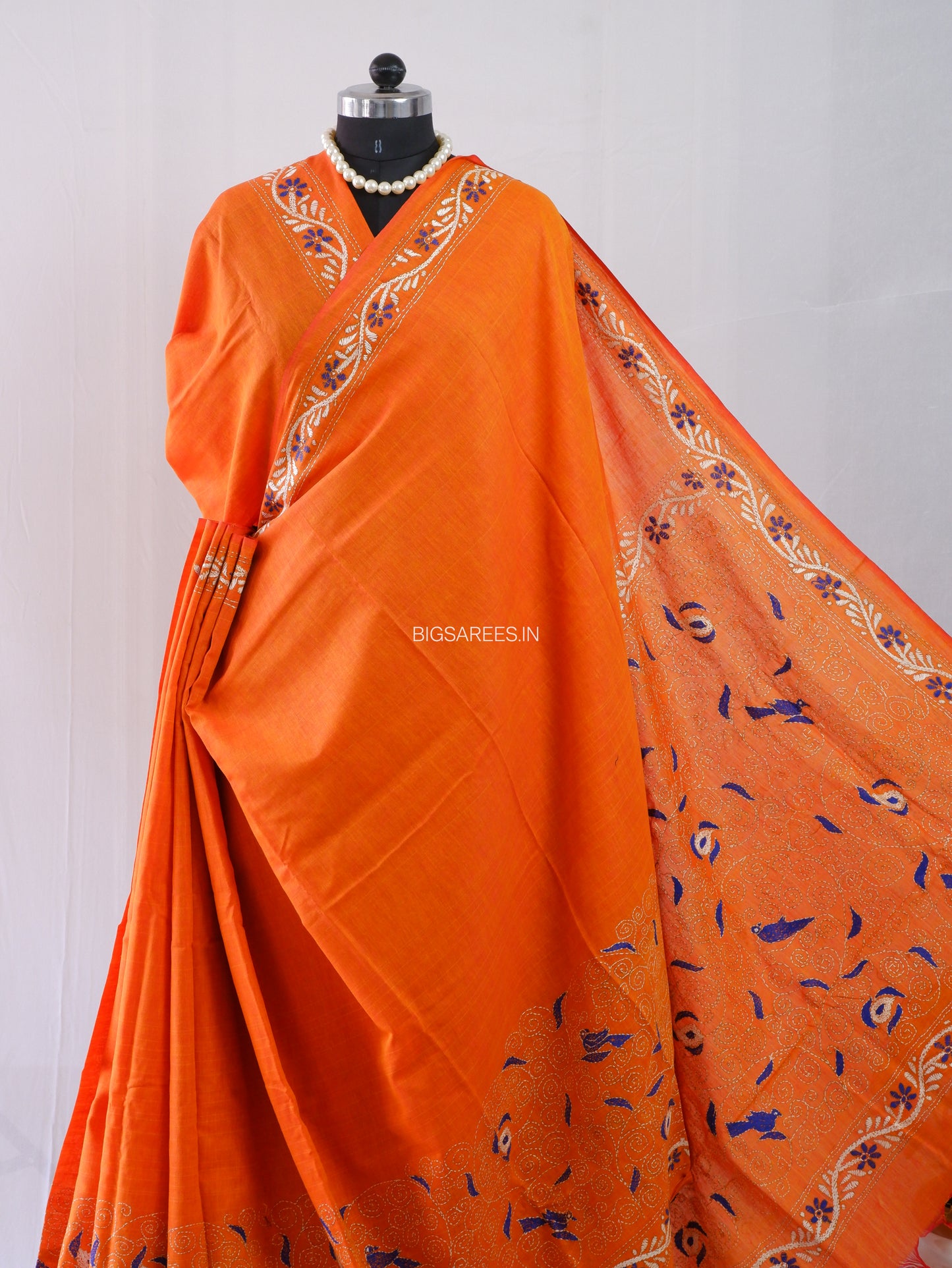 Kantha Hand-Embroidered Saree | Pure Khadi Cotton | Orange