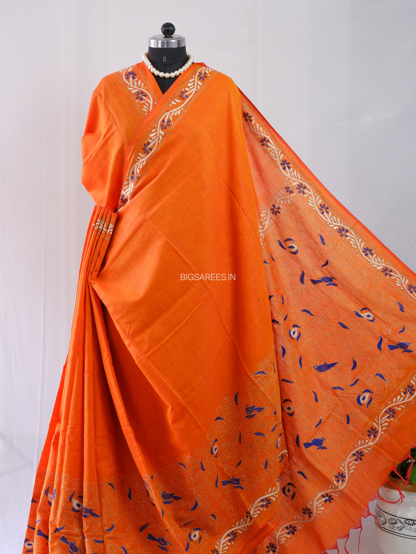 Kantha Hand-Embroidered Saree | Pure Khadi Cotton | Orange