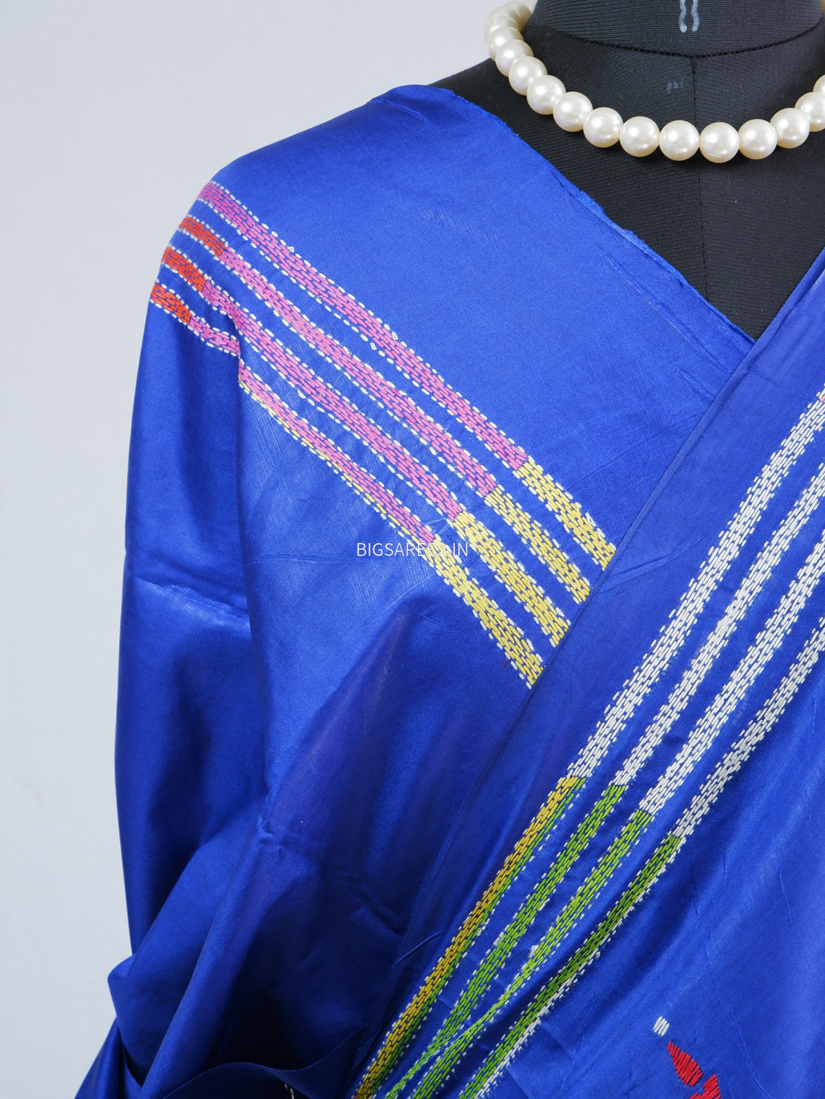 Reverse Kantha - Stitch Hand Embroidered Saree | Blended Bangalore Silk / Art Silk | Royal Blue