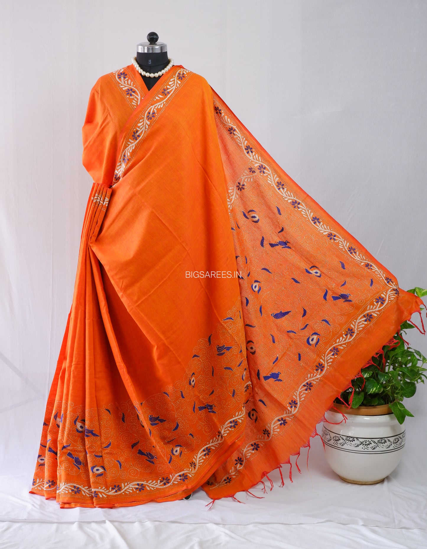 Kantha Hand-Embroidered Saree | Pure Khadi Cotton | Orange