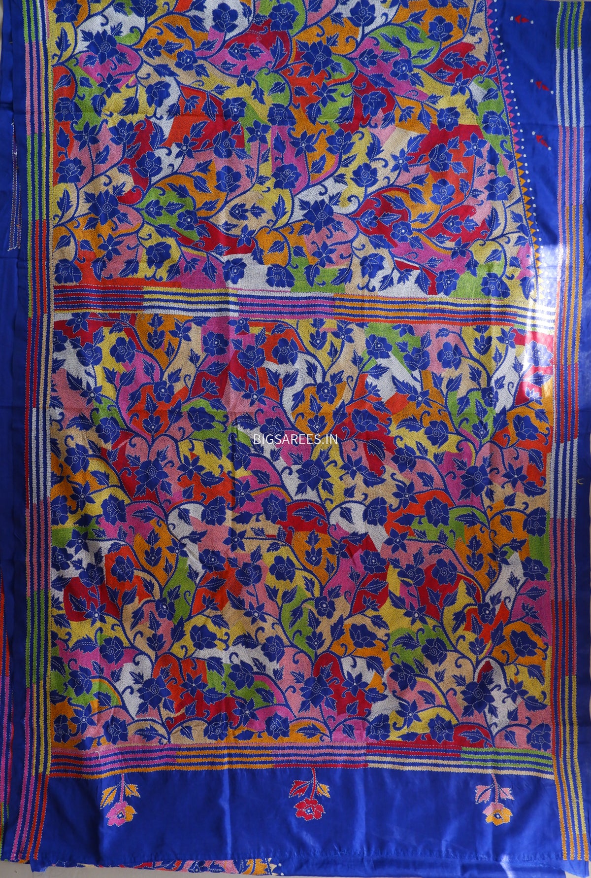 Reverse Kantha - Stitch Hand Embroidered Saree | Blended Bangalore Silk / Art Silk | Royal Blue