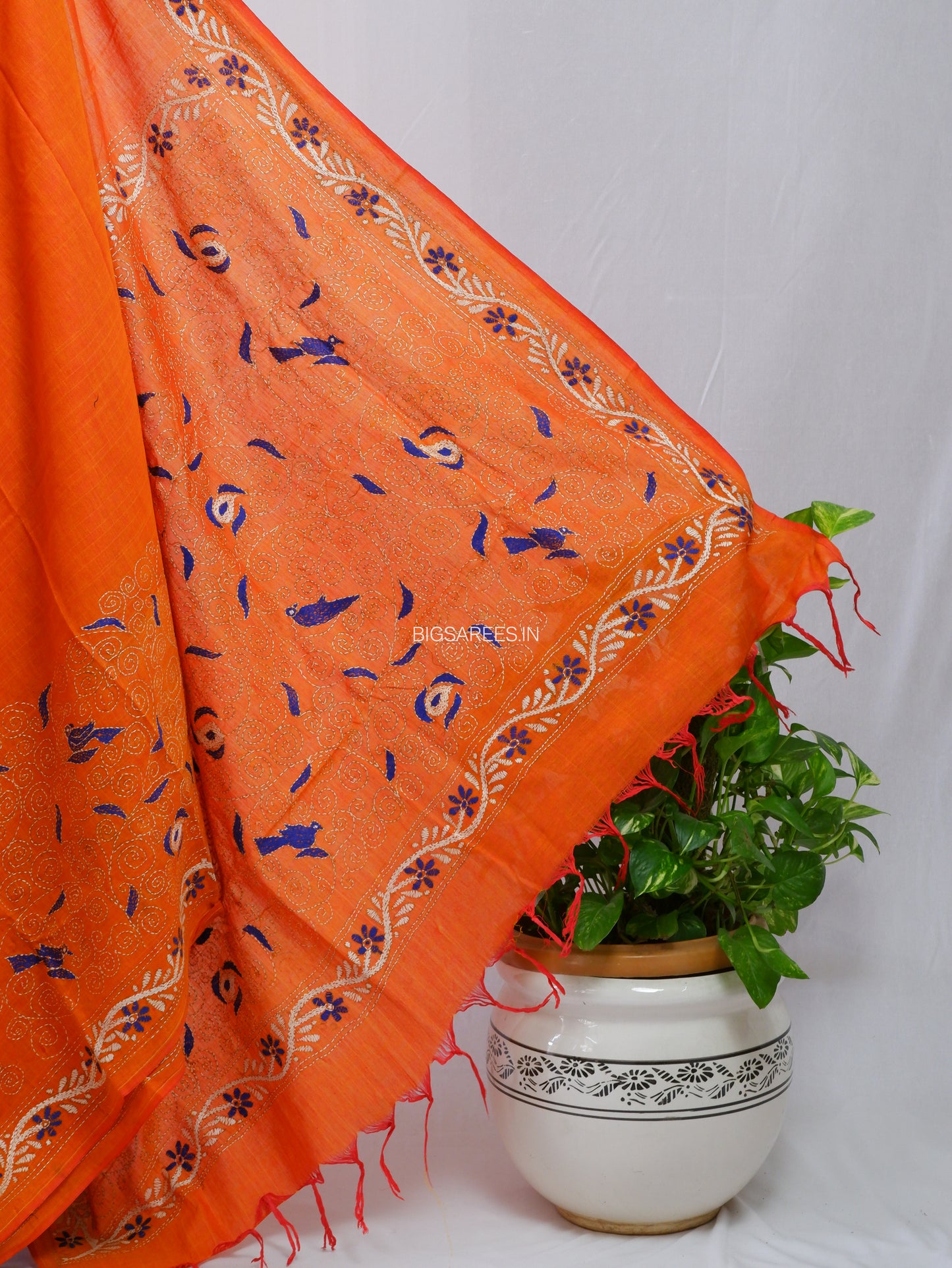 Kantha Hand-Embroidered Saree | Pure Khadi Cotton | Orange