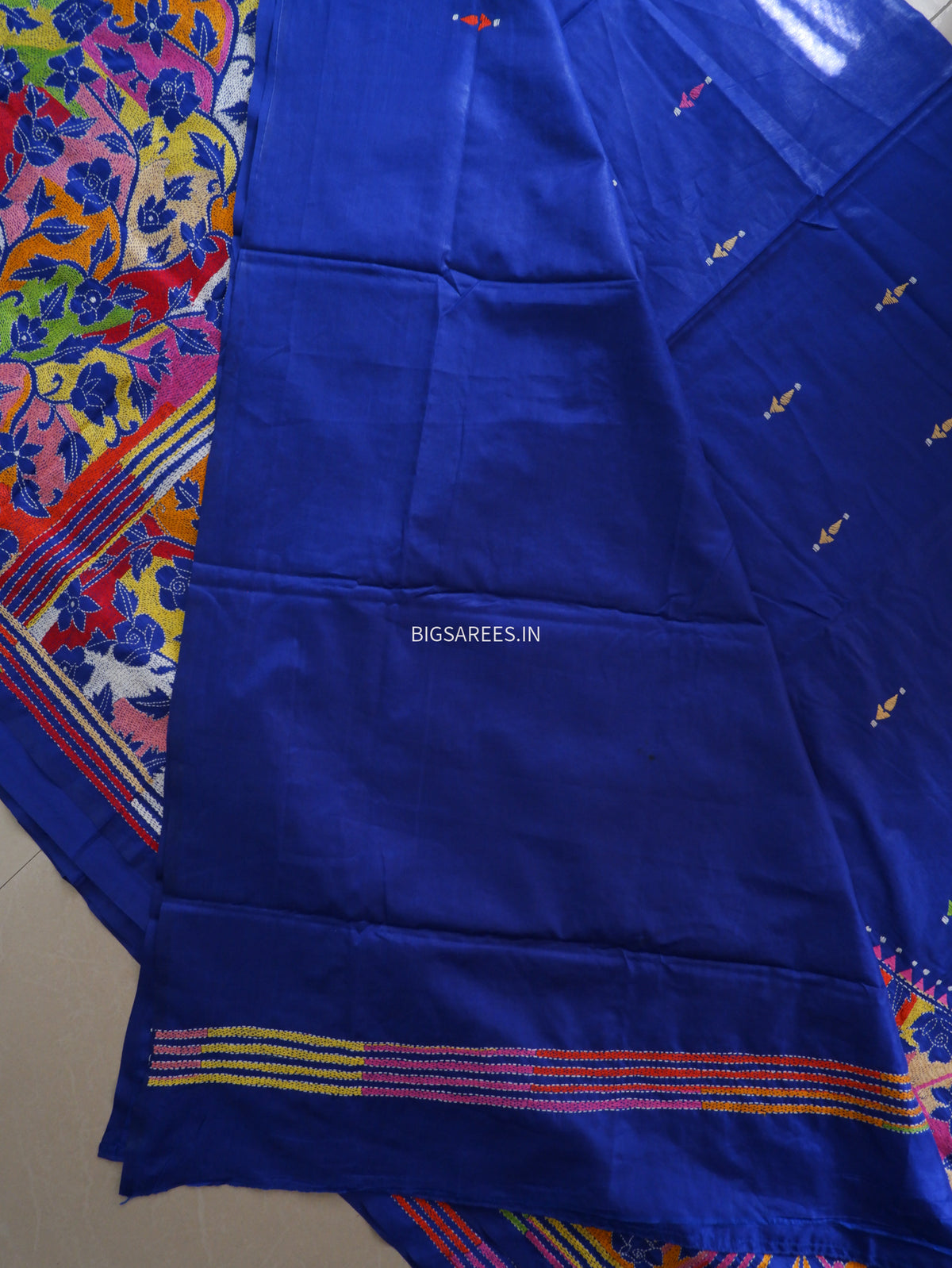 Reverse Kantha - Stitch Hand Embroidered Saree | Blended Bangalore Silk / Art Silk | Royal Blue