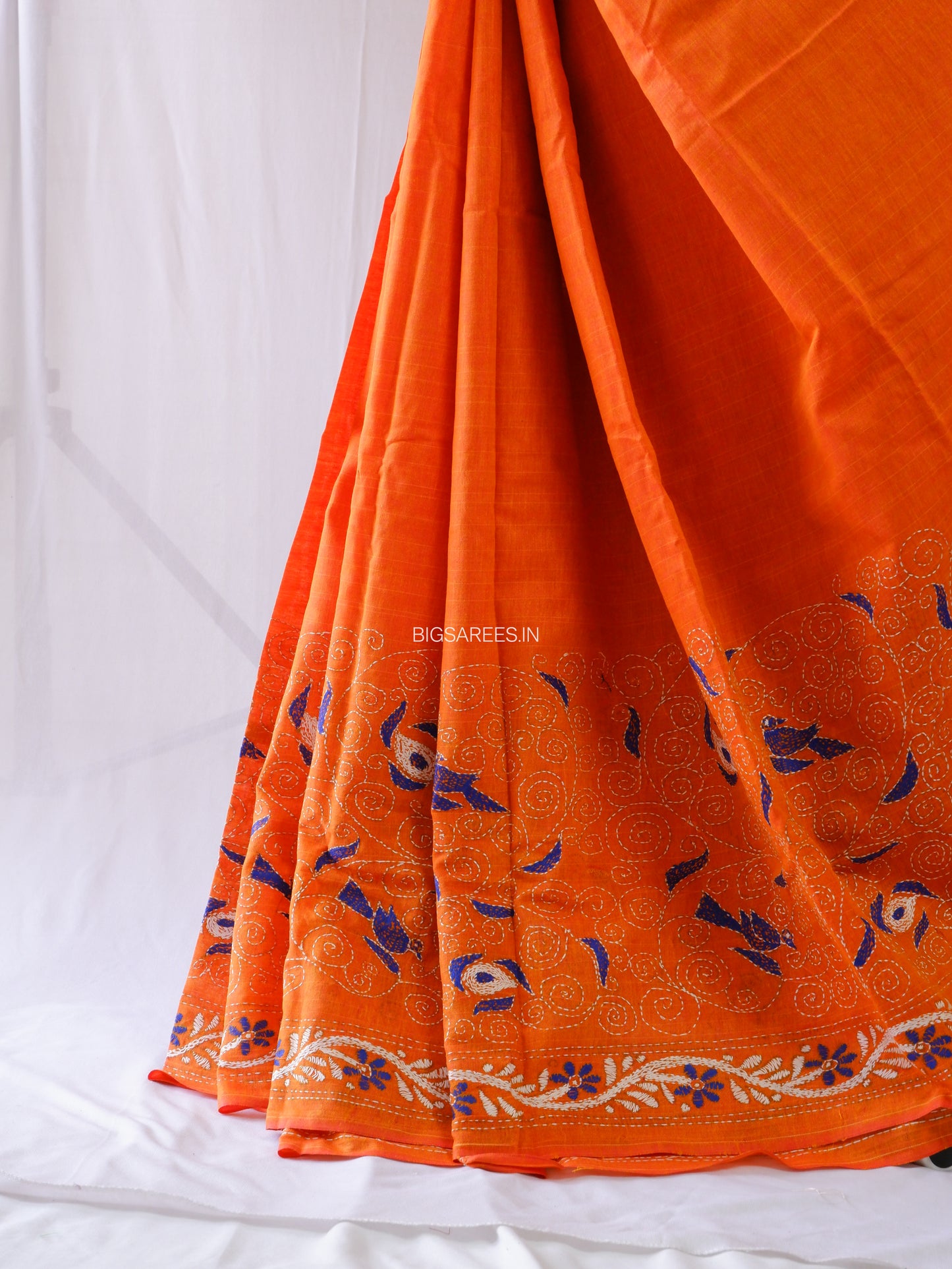 Kantha Hand-Embroidered Saree | Pure Khadi Cotton | Orange