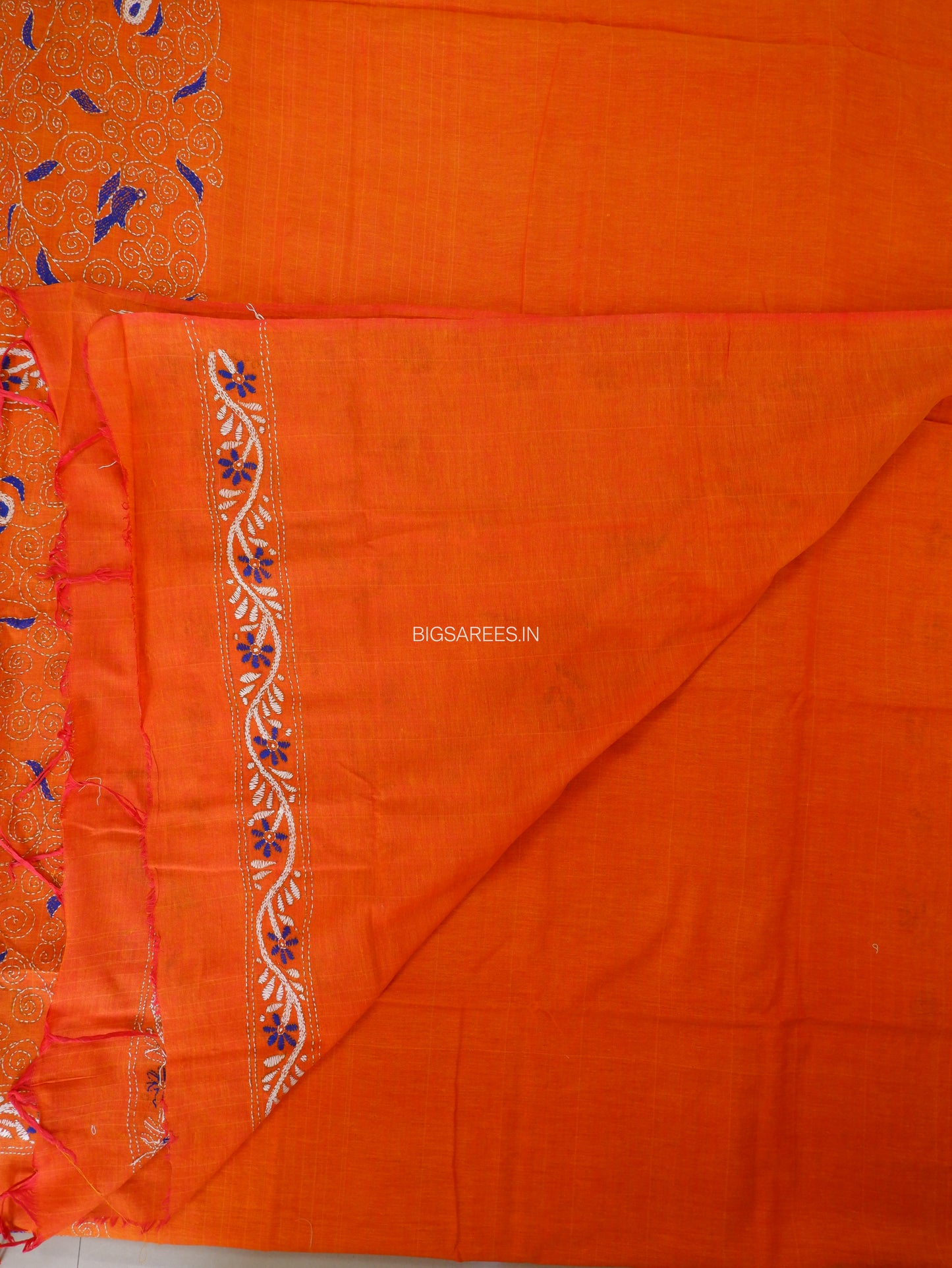 Kantha Hand-Embroidered Saree | Pure Khadi Cotton | Orange