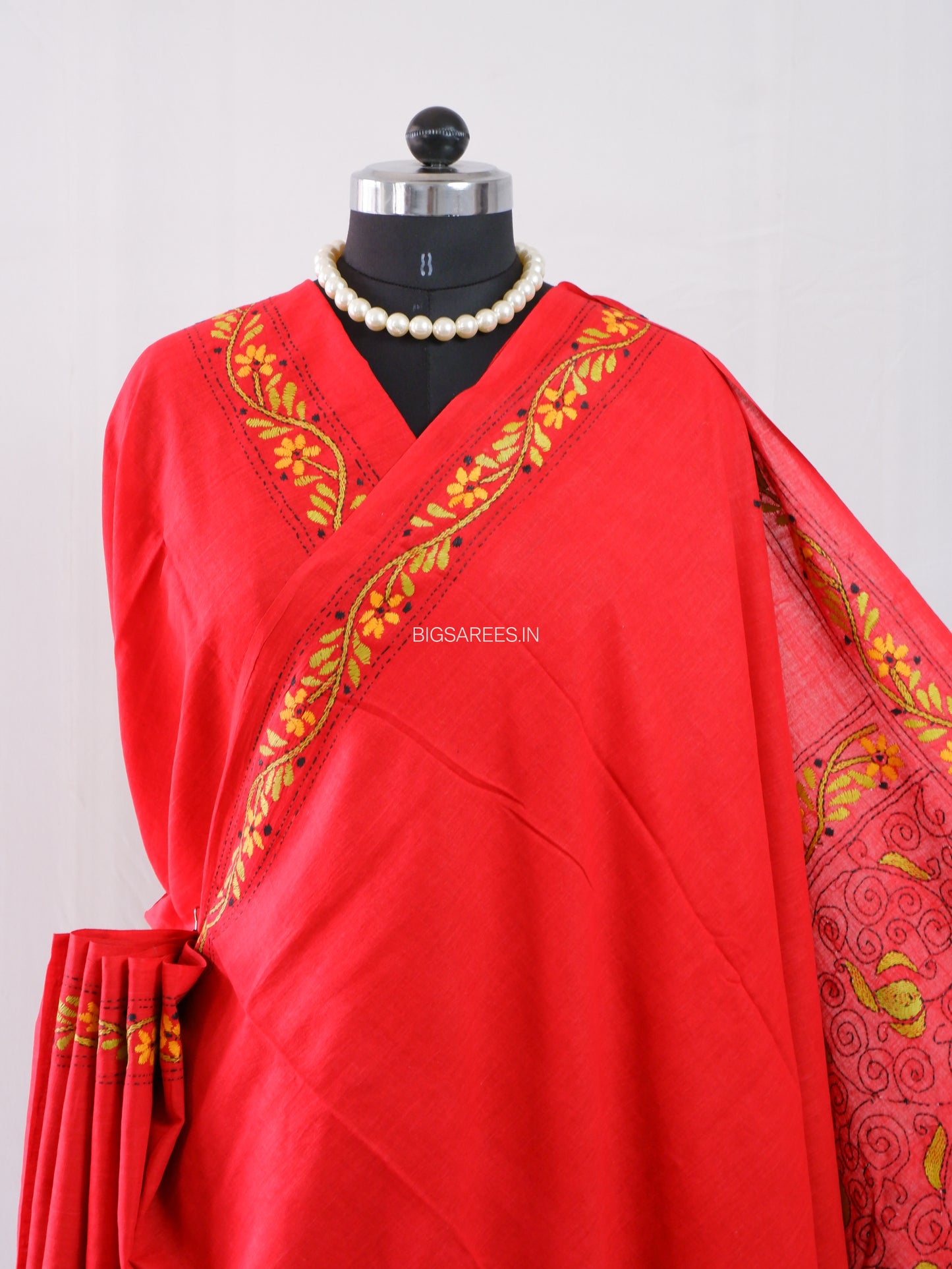 Kantha Hand-Embroidered Saree | Pure Mal Mal Cotton | Maroon