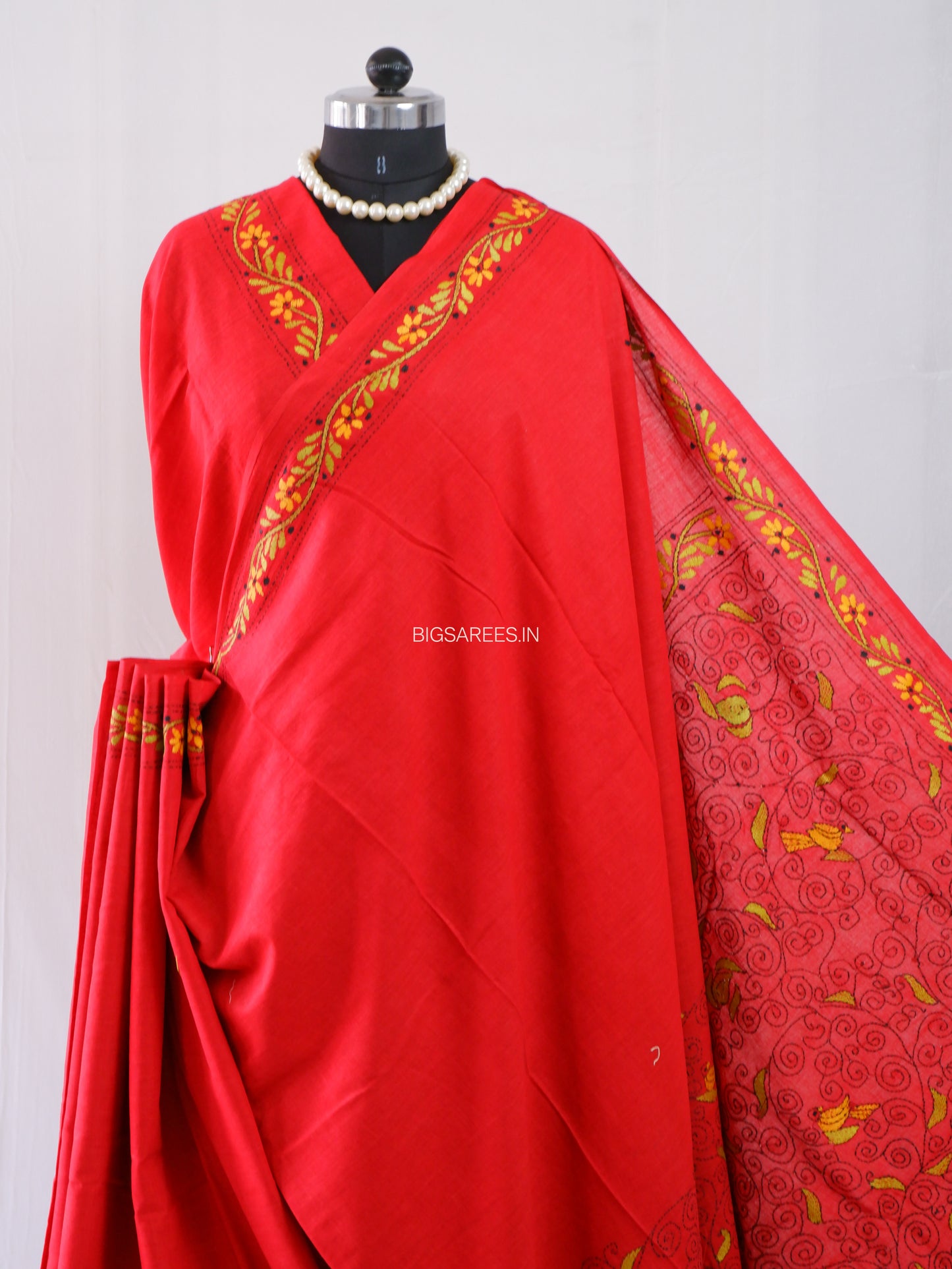 Kantha Hand-Embroidered Saree | Pure Mal Mal Cotton | Maroon