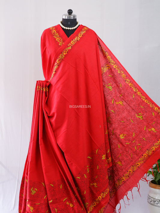 Kantha Hand-Embroidered Saree | Pure Mal Mal Cotton | Maroon