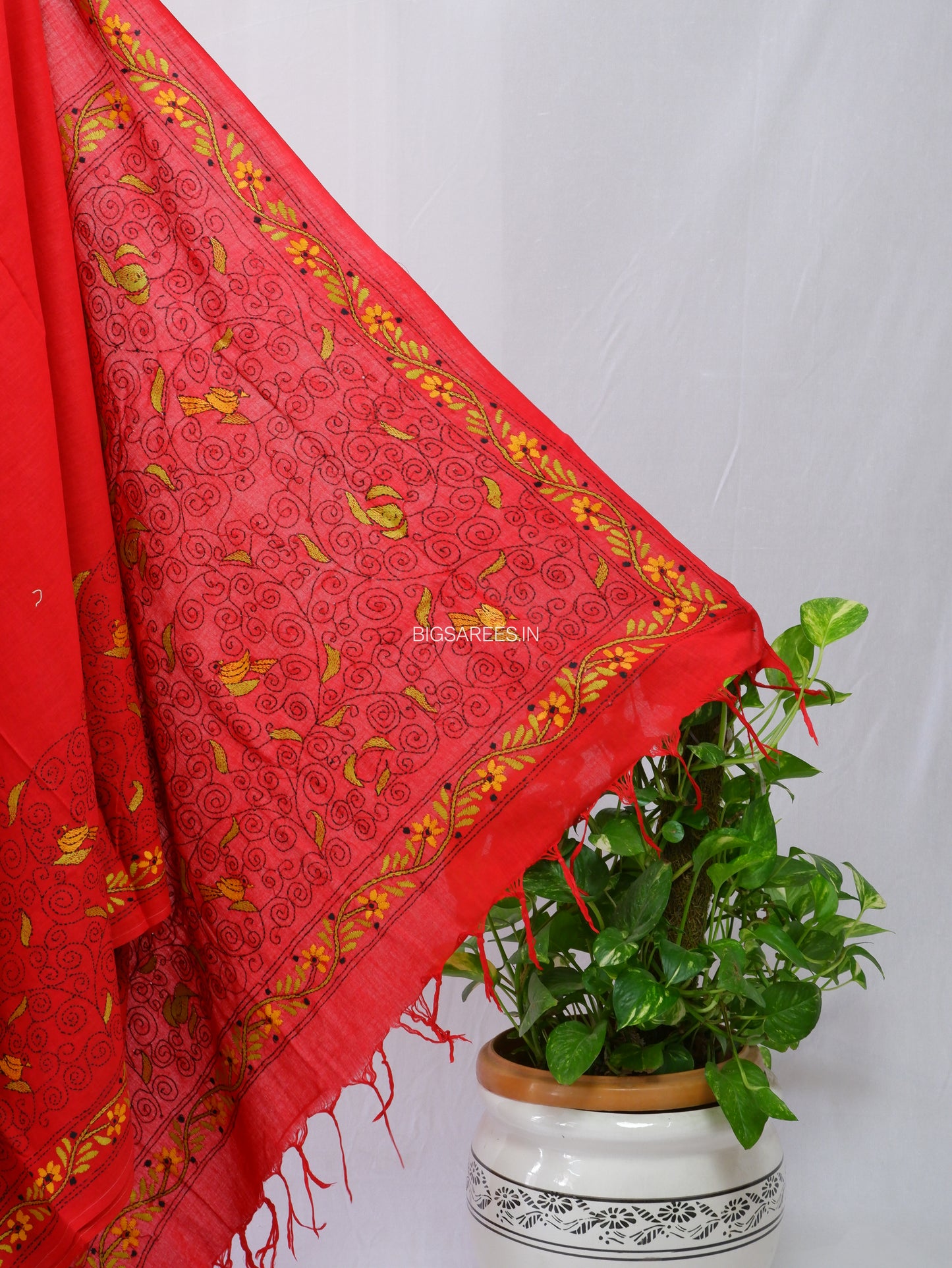 Kantha Hand-Embroidered Saree | Pure Mal Mal Cotton | Maroon