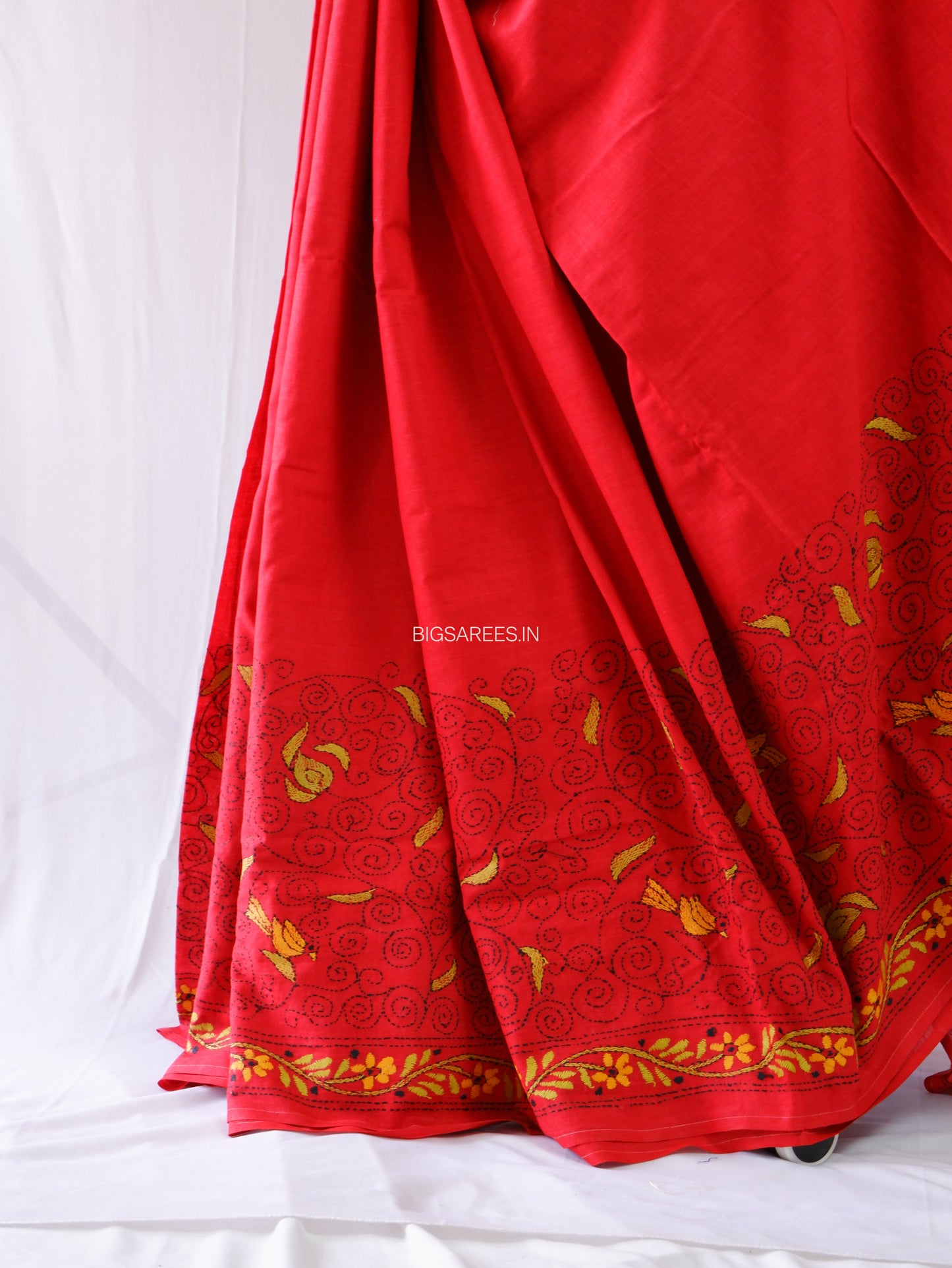 Kantha Hand-Embroidered Saree | Pure Mal Mal Cotton | Maroon