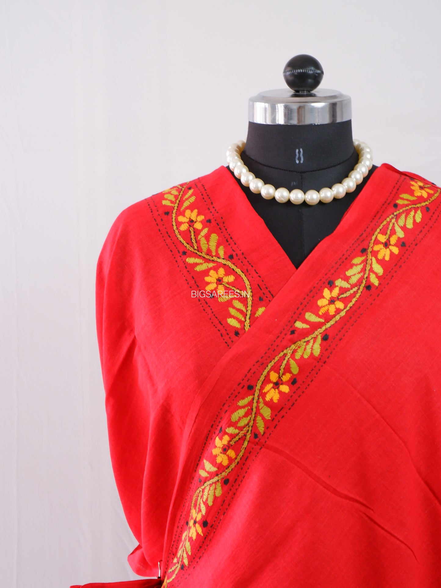 Kantha Hand-Embroidered Saree | Pure Mal Mal Cotton | Maroon
