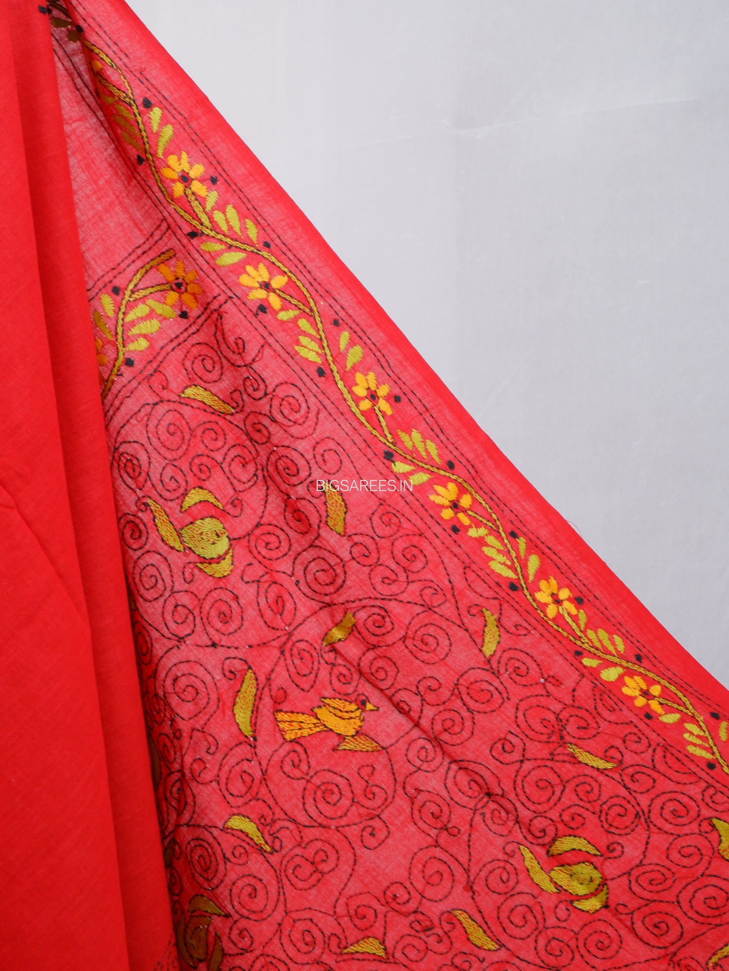 Kantha Hand-Embroidered Saree | Pure Mal Mal Cotton | Maroon
