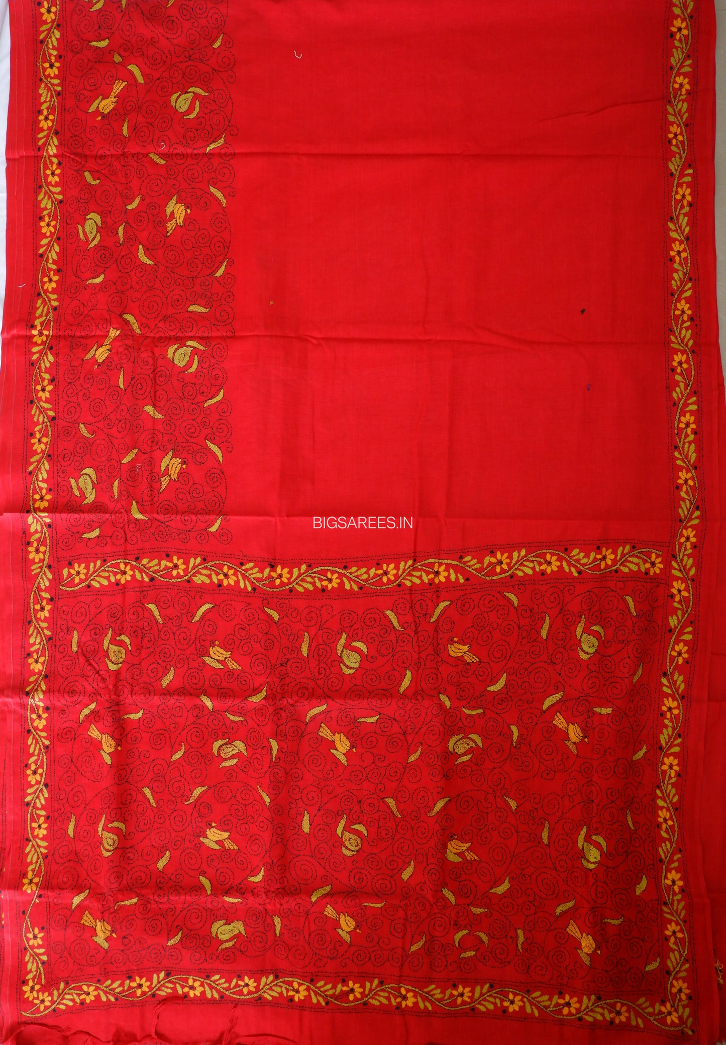 Kantha Hand-Embroidered Saree | Pure Mal Mal Cotton | Maroon