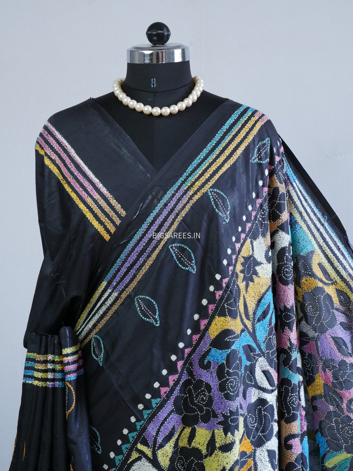 Reverse Kantha Hand Embroidered Sarees | Blended Bangalore Silk/Art Silk | Black