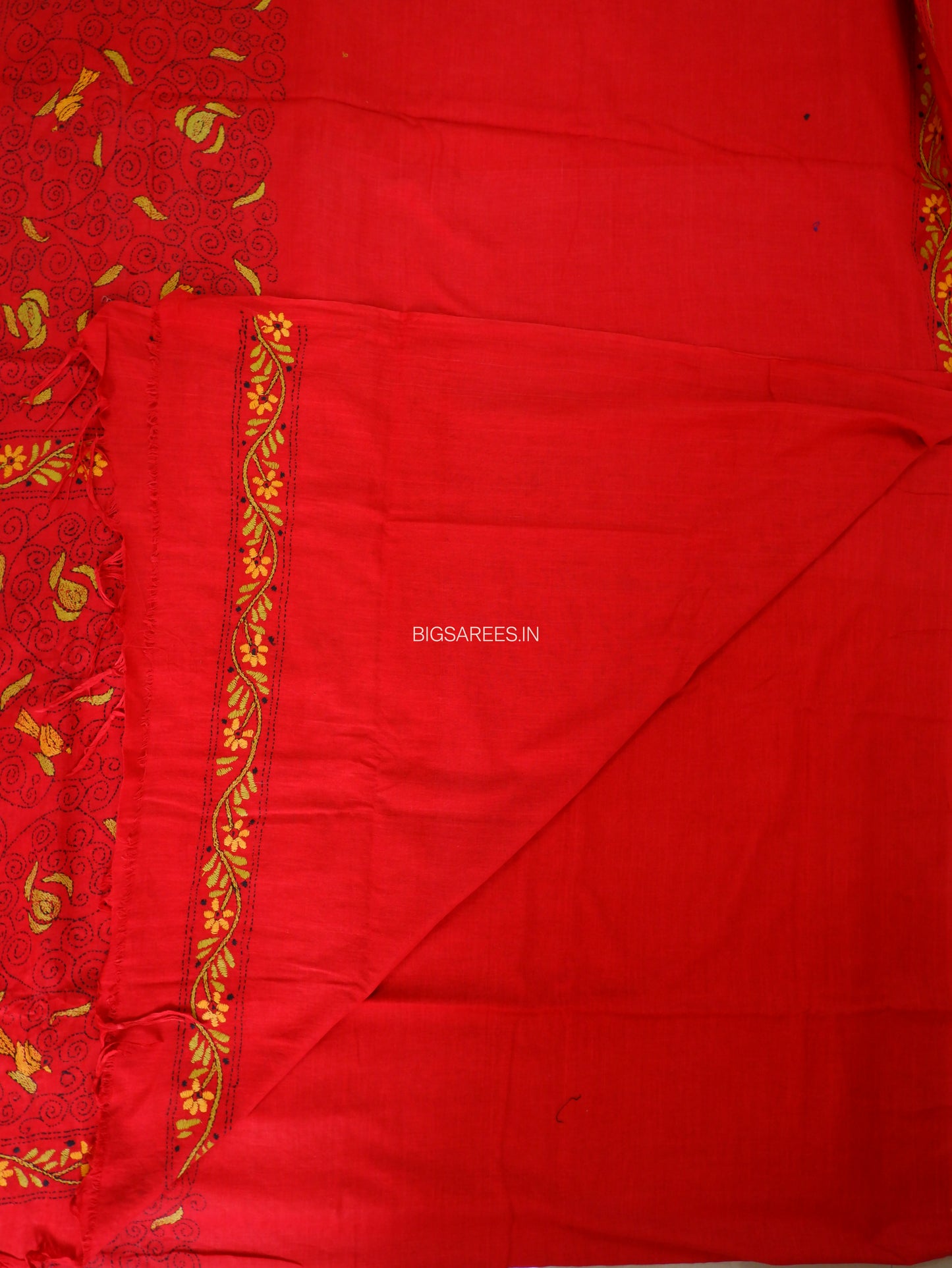 Kantha Hand-Embroidered Saree | Pure Mal Mal Cotton | Maroon