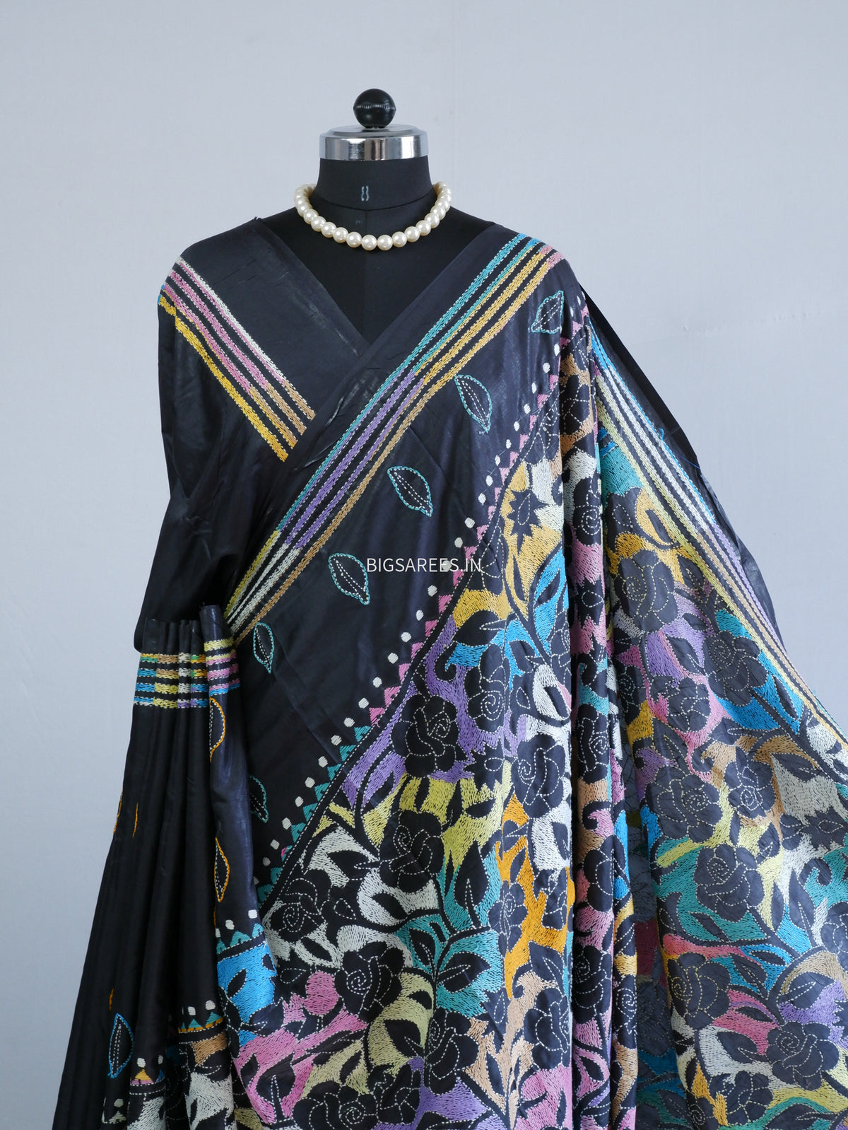 Reverse Kantha Hand Embroidered Sarees | Blended Bangalore Silk/Art Silk | Black