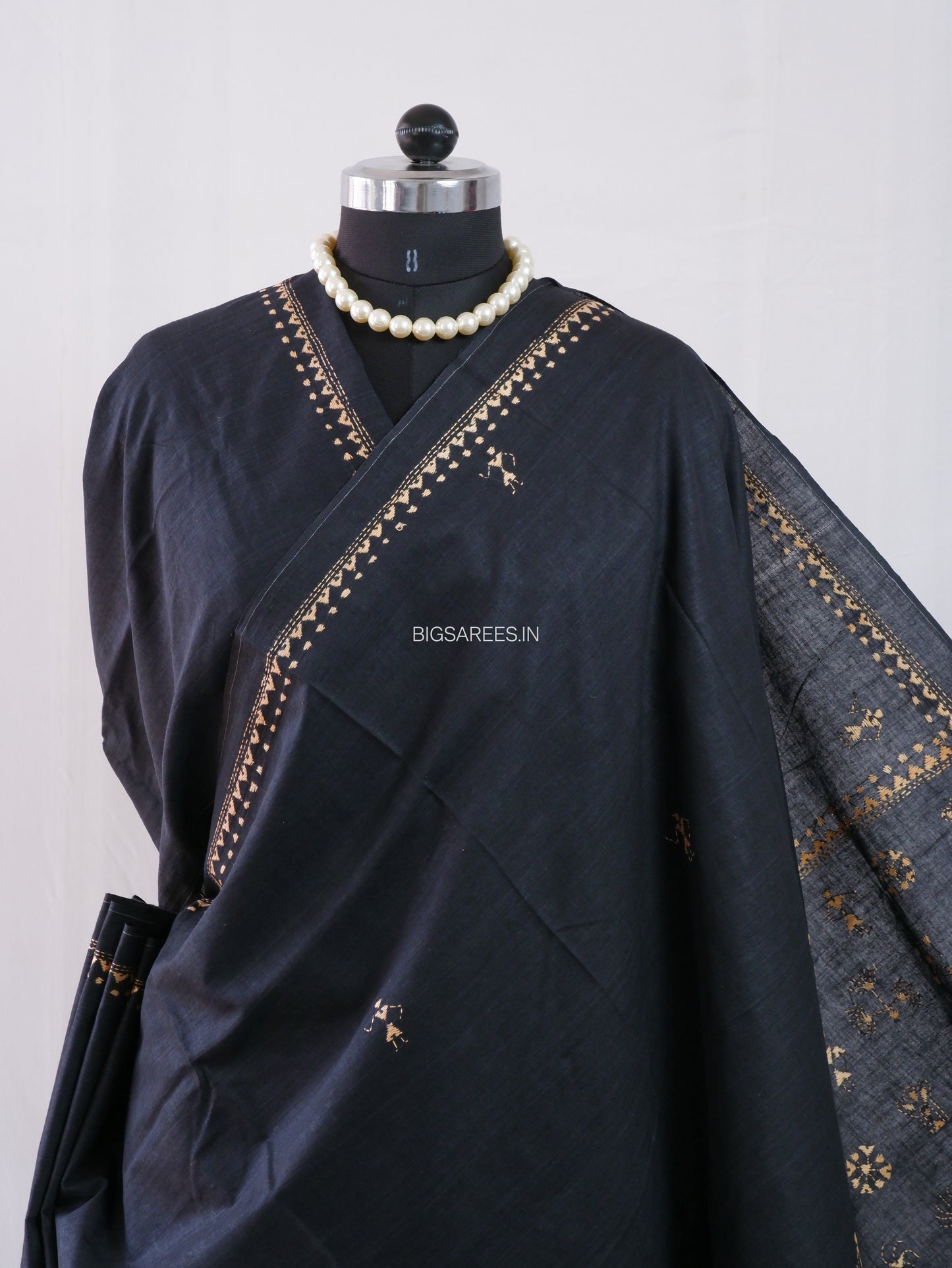 Kantha Hand-Embroidered Saree | Pure Khadi Cotton | Black