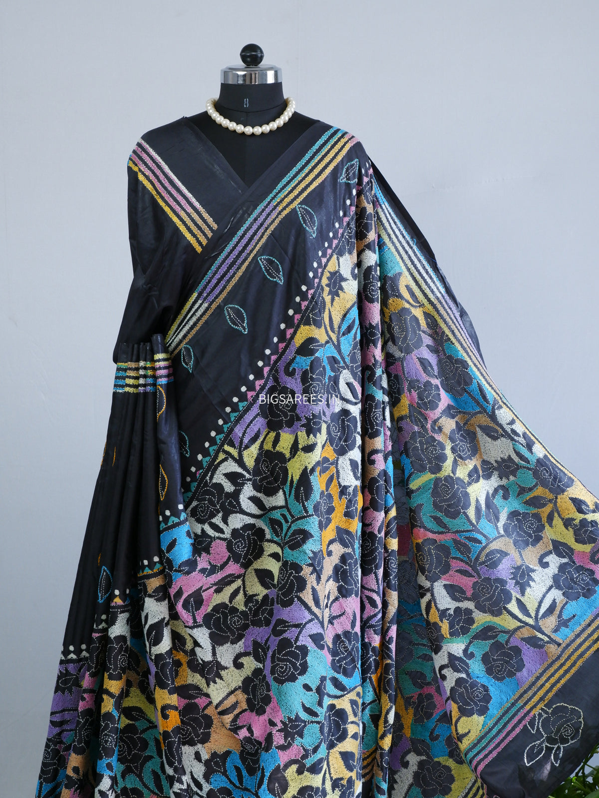 Reverse Kantha Hand Embroidered Sarees | Blended Bangalore Silk/Art Silk | Black