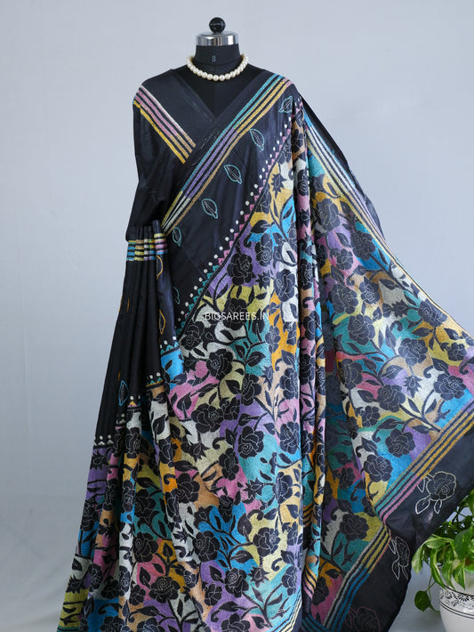 Reverse Kantha Hand Embroidered Sarees | Blended Bangalore Silk/Art Silk | Black