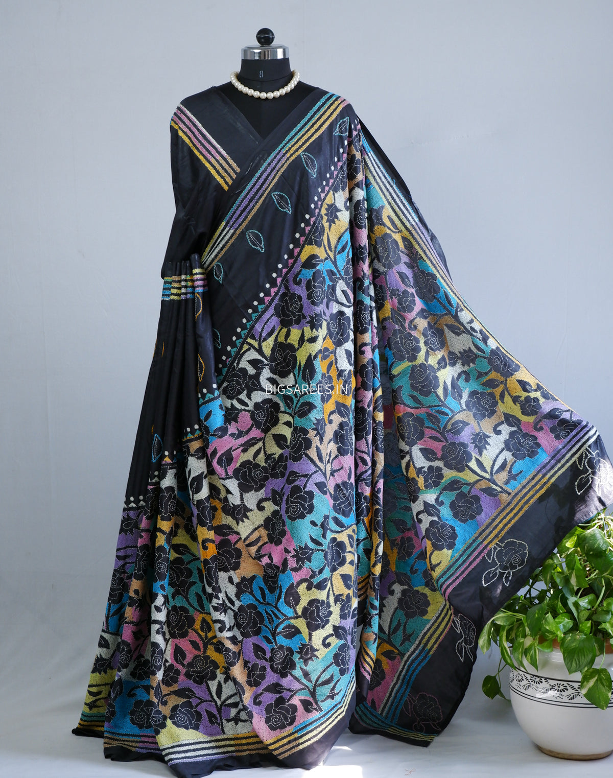 Reverse Kantha Hand Embroidered Sarees | Blended Bangalore Silk/Art Silk | Black