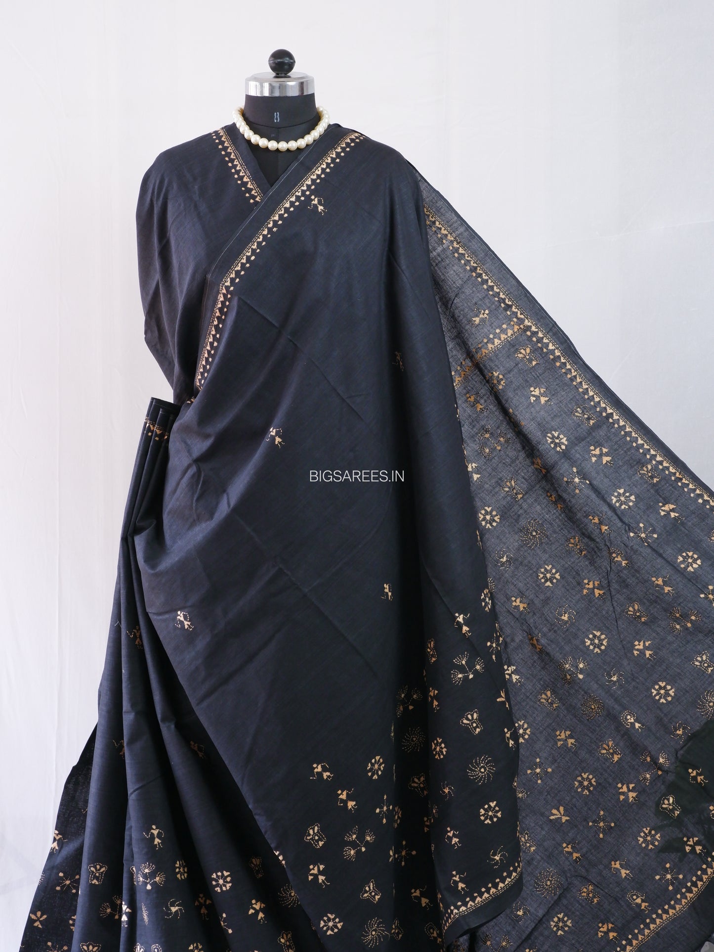 Kantha Hand-Embroidered Saree | Pure Khadi Cotton | Black