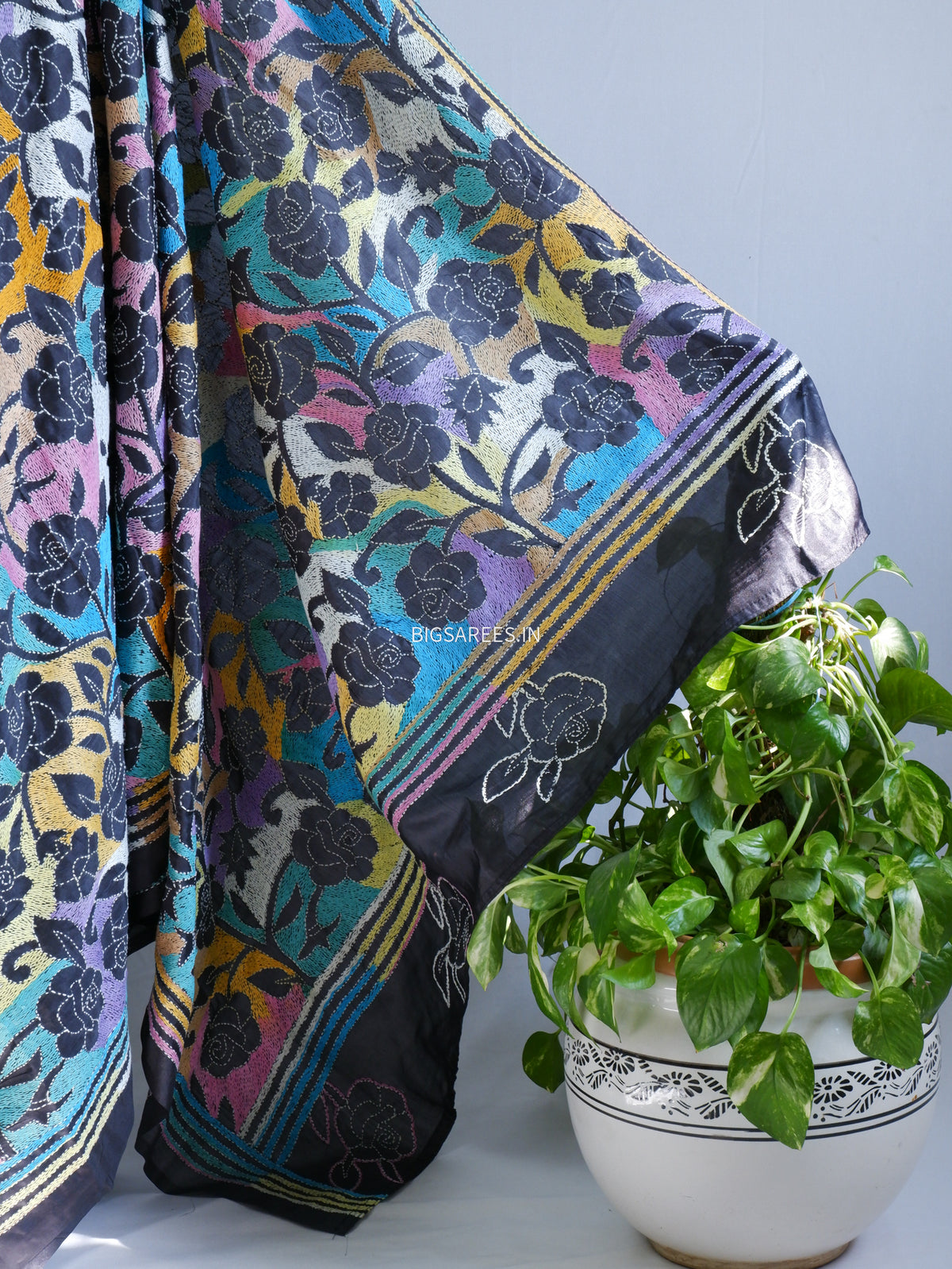Reverse Kantha Hand Embroidered Sarees | Blended Bangalore Silk/Art Silk | Black