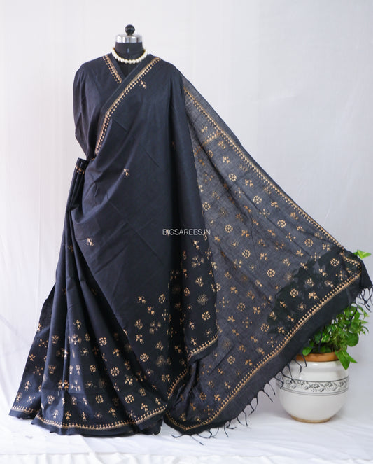 Kantha Hand-Embroidered Saree | Pure Khadi Cotton | Black