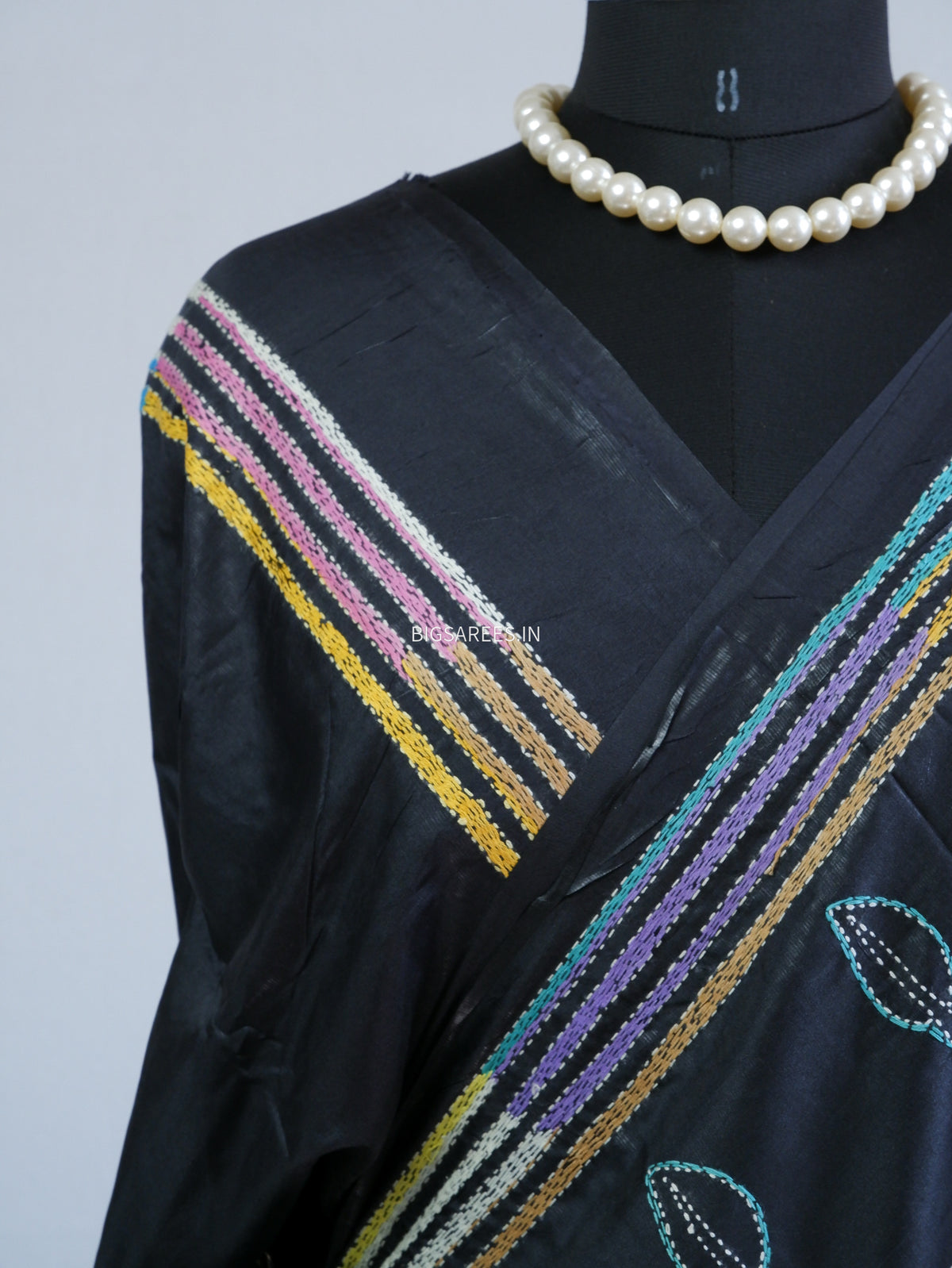 Reverse Kantha Hand Embroidered Sarees | Blended Bangalore Silk/Art Silk | Black
