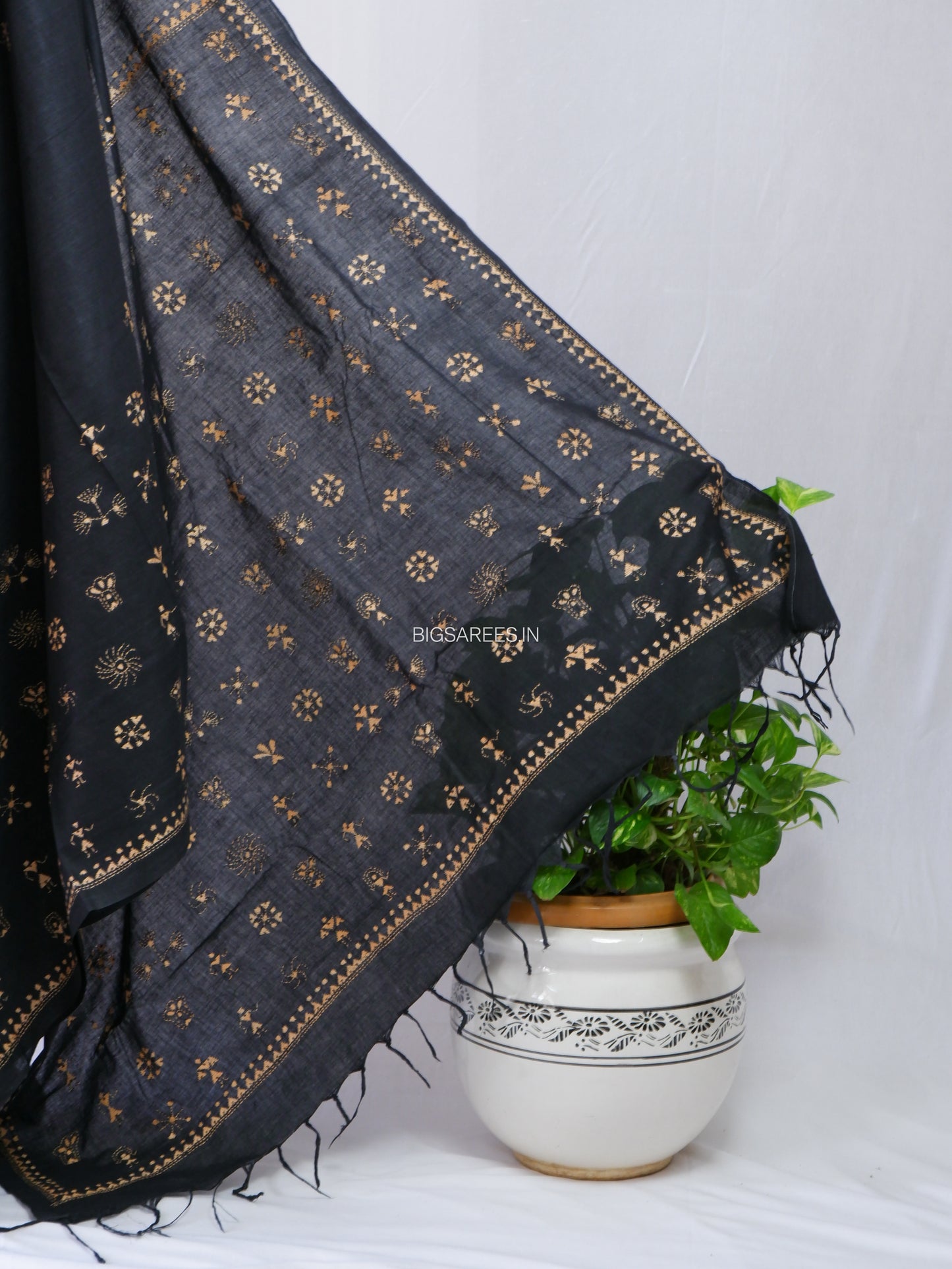 Kantha Hand-Embroidered Saree | Pure Khadi Cotton | Black