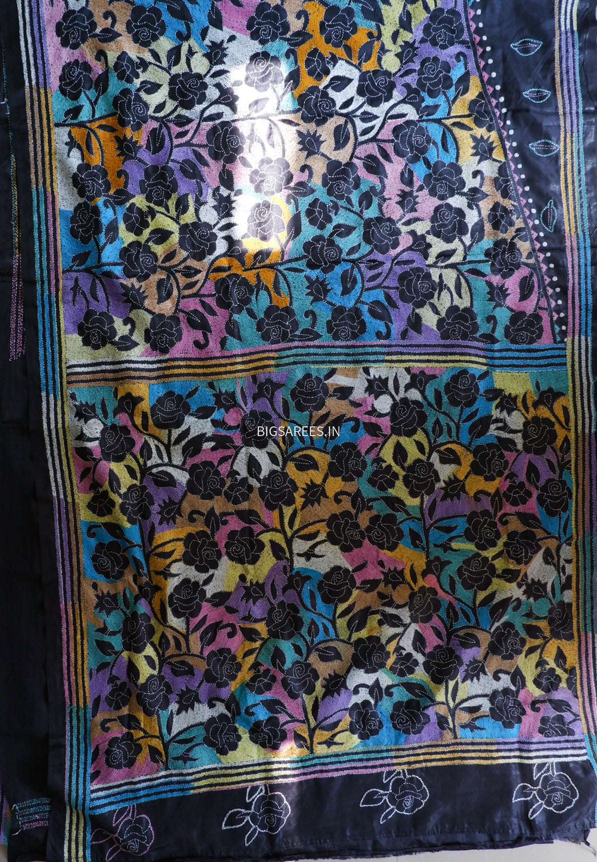 Reverse Kantha Hand Embroidered Sarees | Blended Bangalore Silk/Art Silk | Black