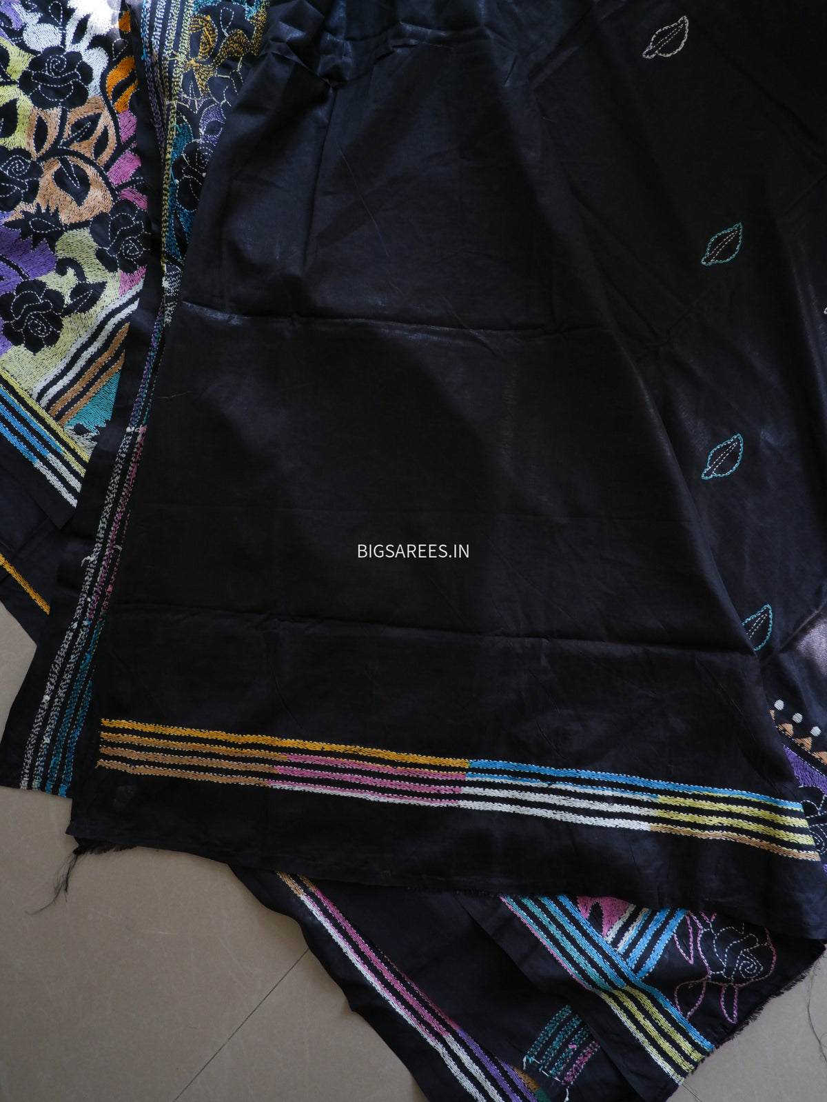 Reverse Kantha Hand Embroidered Sarees | Blended Bangalore Silk/Art Silk | Black