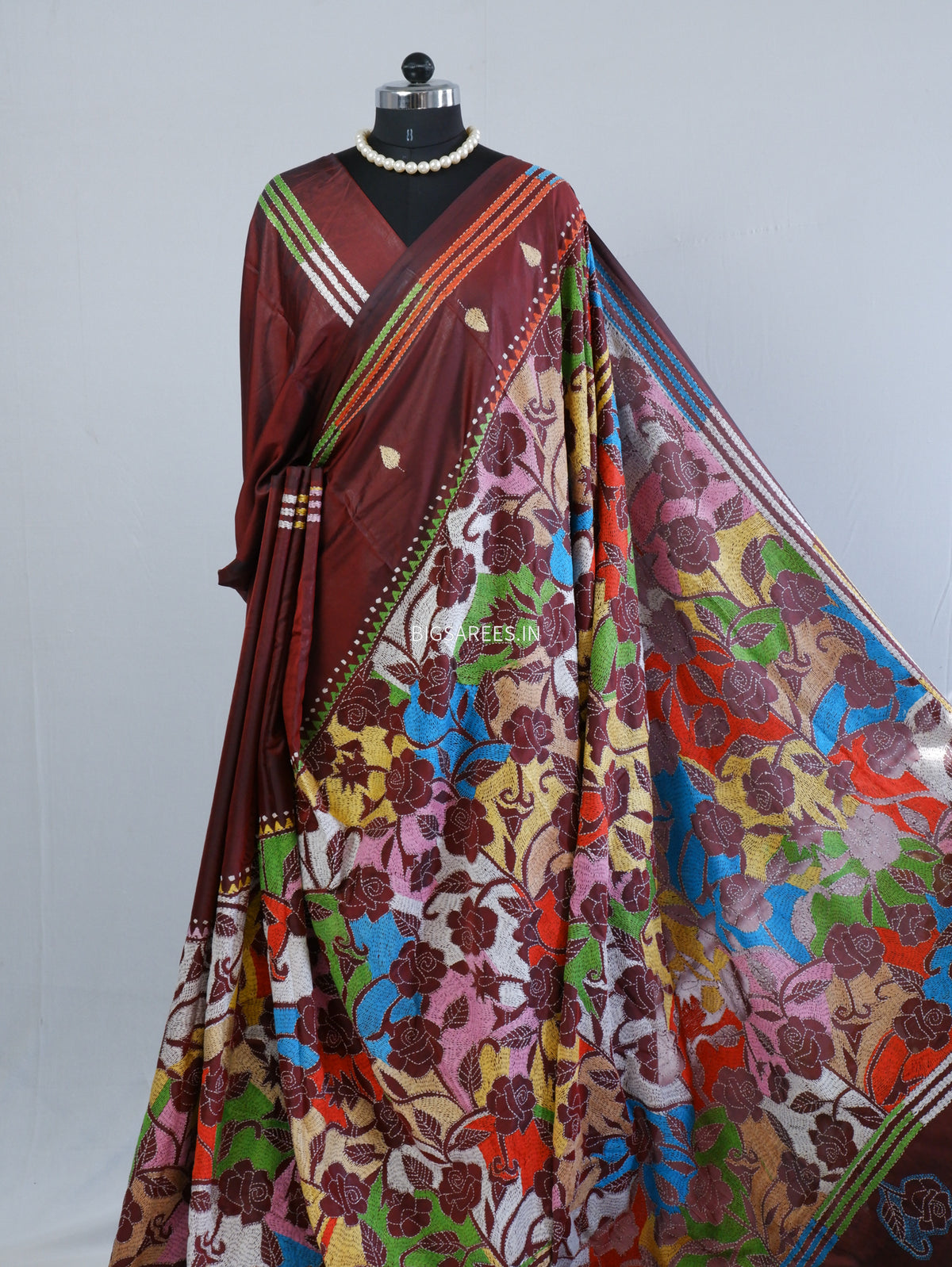 Reverse Kantha Hand Embroidered Sarees | Blended Bangalore Silk/Art Silk | Maroon
