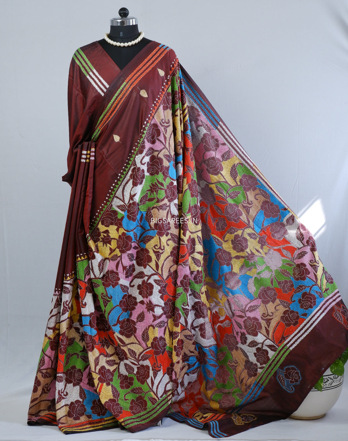Reverse Kantha Hand Embroidered Sarees | Blended Bangalore Silk/Art Silk | Maroon