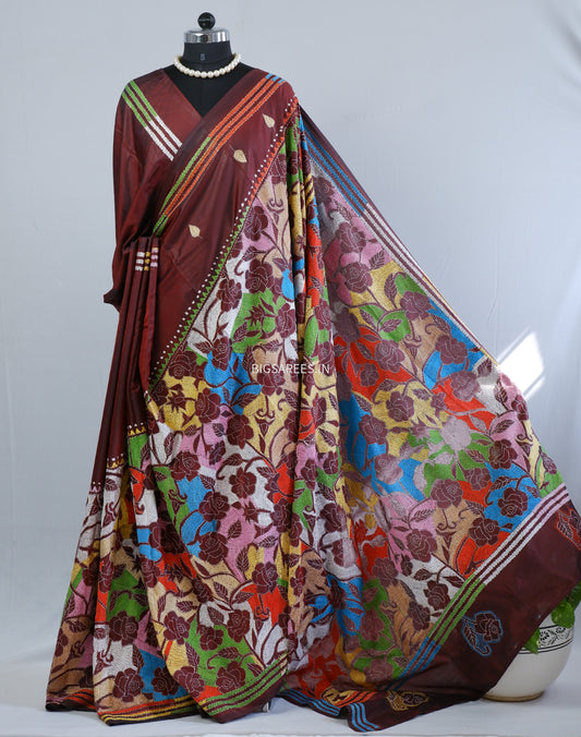 Reverse Kantha Hand Embroidered Sarees | Blended Bangalore Silk/Art Silk | Maroon