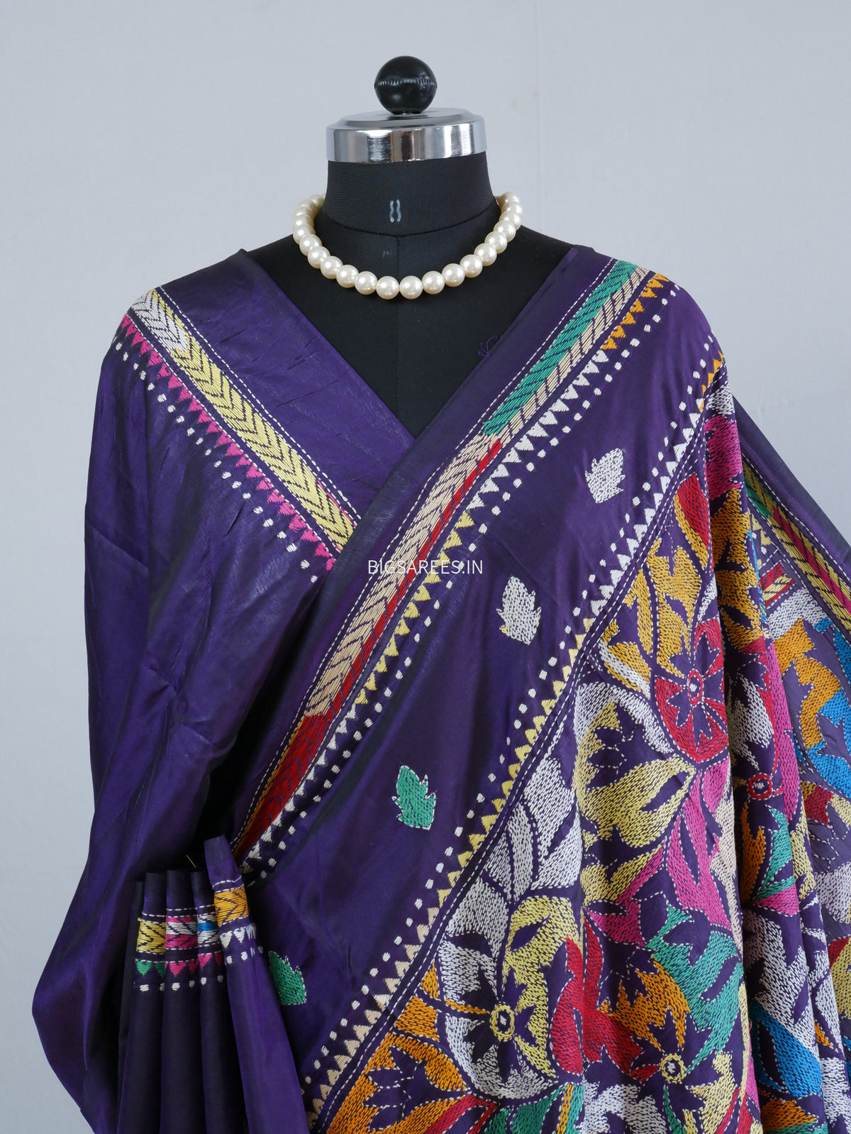 Reverse Kantha Hand Embroidered Sarees | Blended Bangalore Silk/Art Silk | Purple