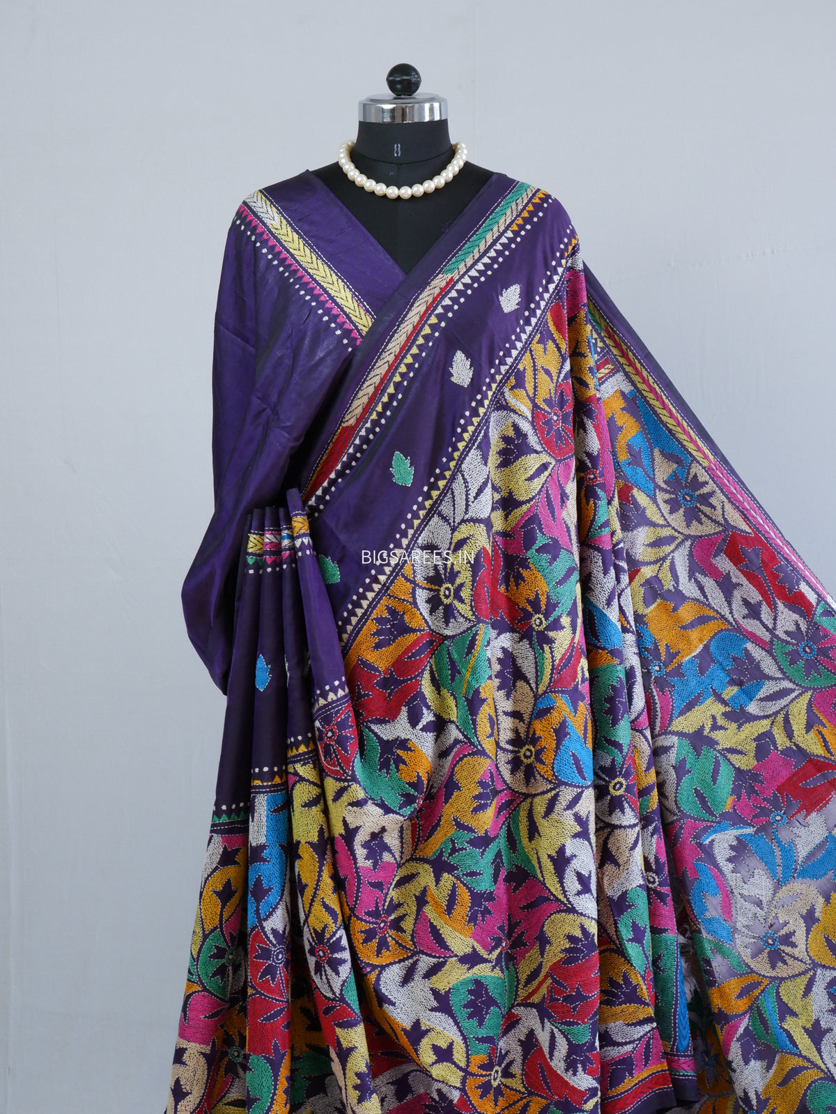 Reverse Kantha Hand Embroidered Sarees | Blended Bangalore Silk/Art Silk | Purple