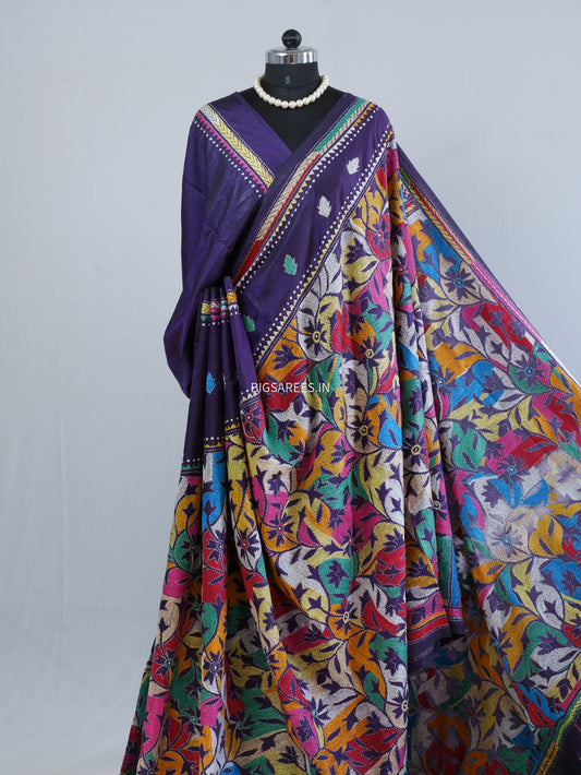 Reverse Kantha Hand Embroidered Sarees | Blended Bangalore Silk/Art Silk | Purple